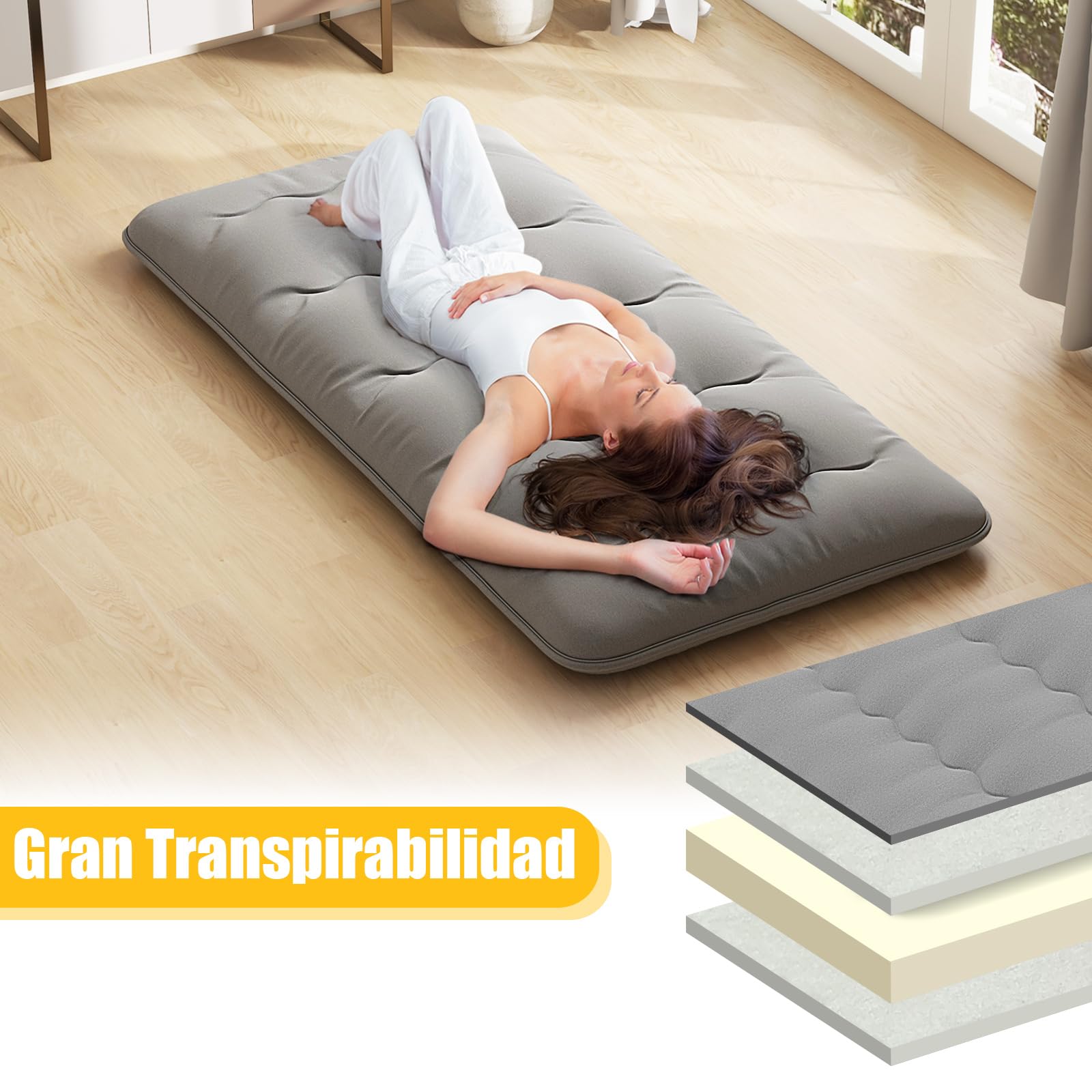GIANTEX Colchón de Suelo Futón Japonés, Alfombrilla de Tatami Plegable y Portátil, Colchón Plegable con Bolsa de Transporte y Funda Extraíble (Gris, 90 x 200 cm)