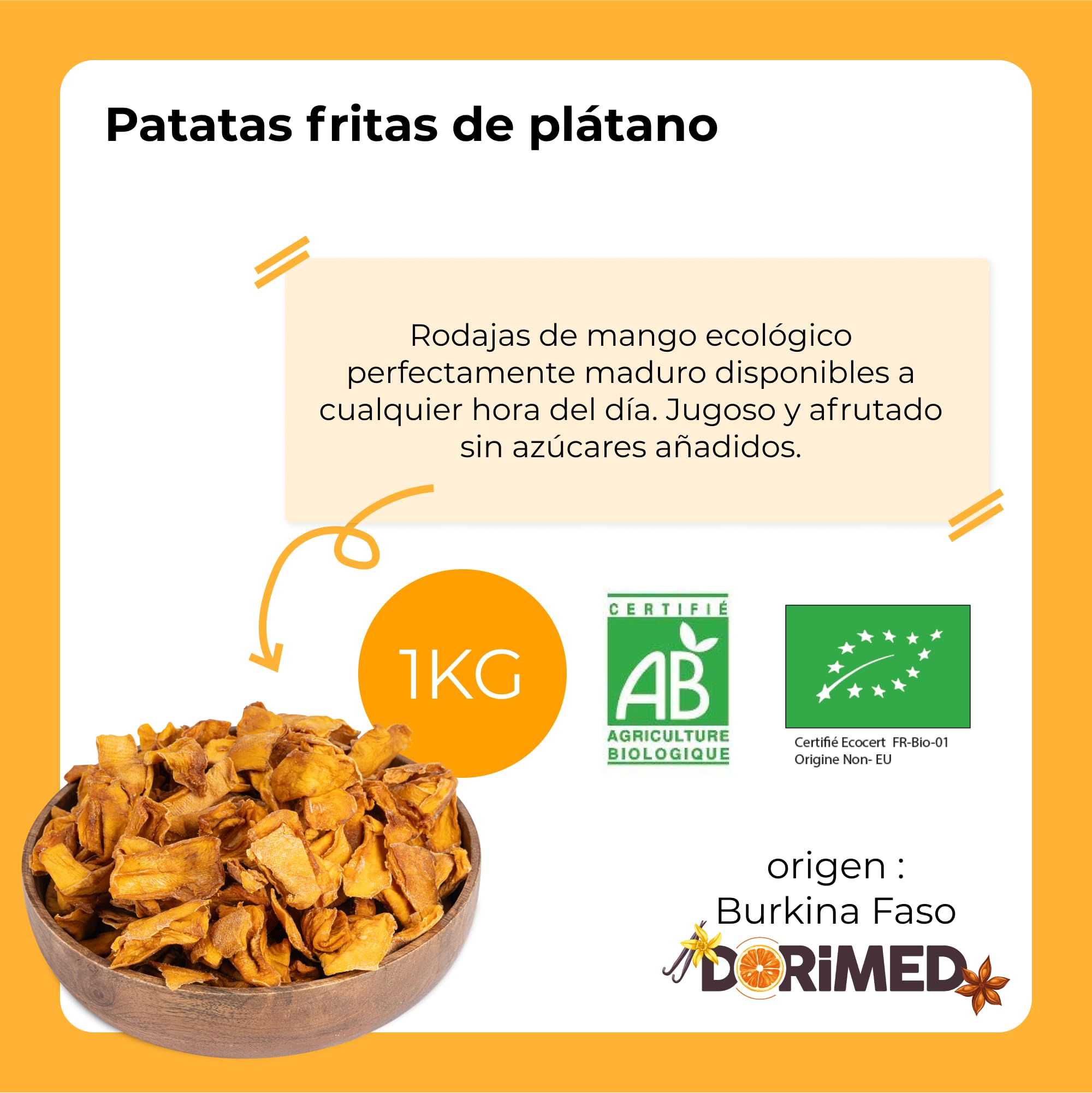 Mangos Deshidratados Sin Azúcar | 1Kg de trozos de mango de origen 100% natural | Crudos | Sin Aditivos y Sin Azufre | Fruta seca Dulce Sin Añadidos | Alta en Fibra | Dorimed
