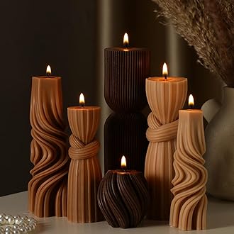 Threlaco 6 Pcs Pillar Candles Modern Aesthetic Ribbed Decorative Candle Set Cute Soy Wax Scented Ribbed Decor for Home(Brown,2.36-6.89 Inch)