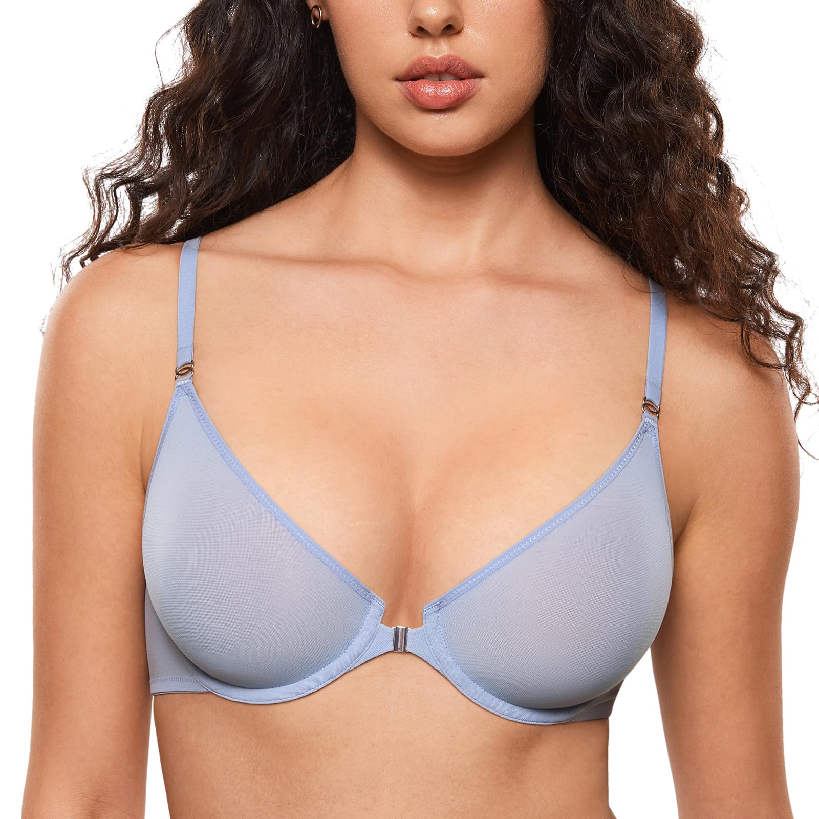INLYRIC Women's Cosnufy Sheer Front Fastening Bra Demi Sexy Seamless Unlined Mesh Underwire Bra Moonlight Blue 40DD