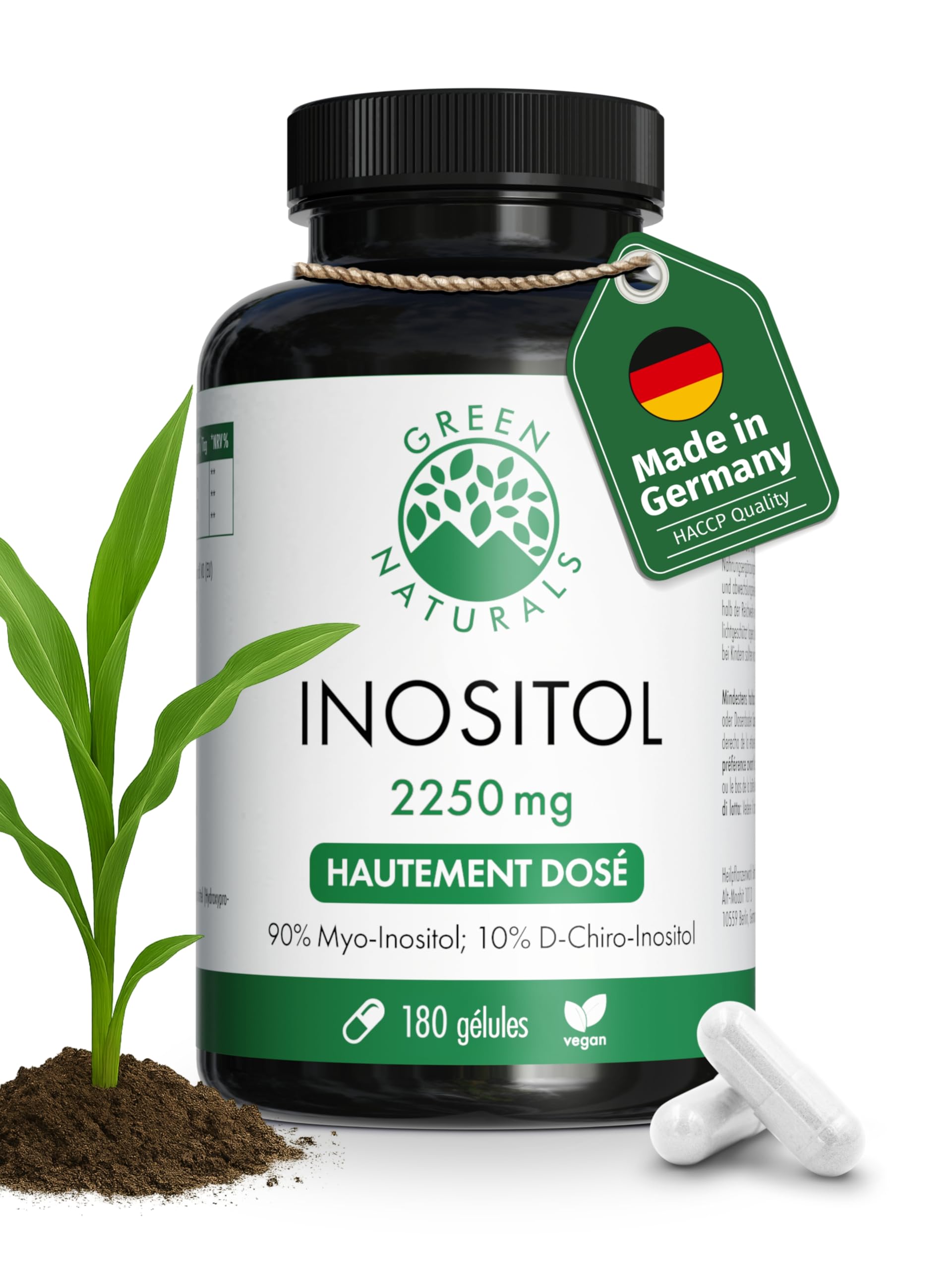 Green Naturals Inositol 2 250 mg – ratio 90:10 myo/D-chiro – 180 gélules | Issu de fermentation · Vegan · Sans additifs · Cure de 2 mois