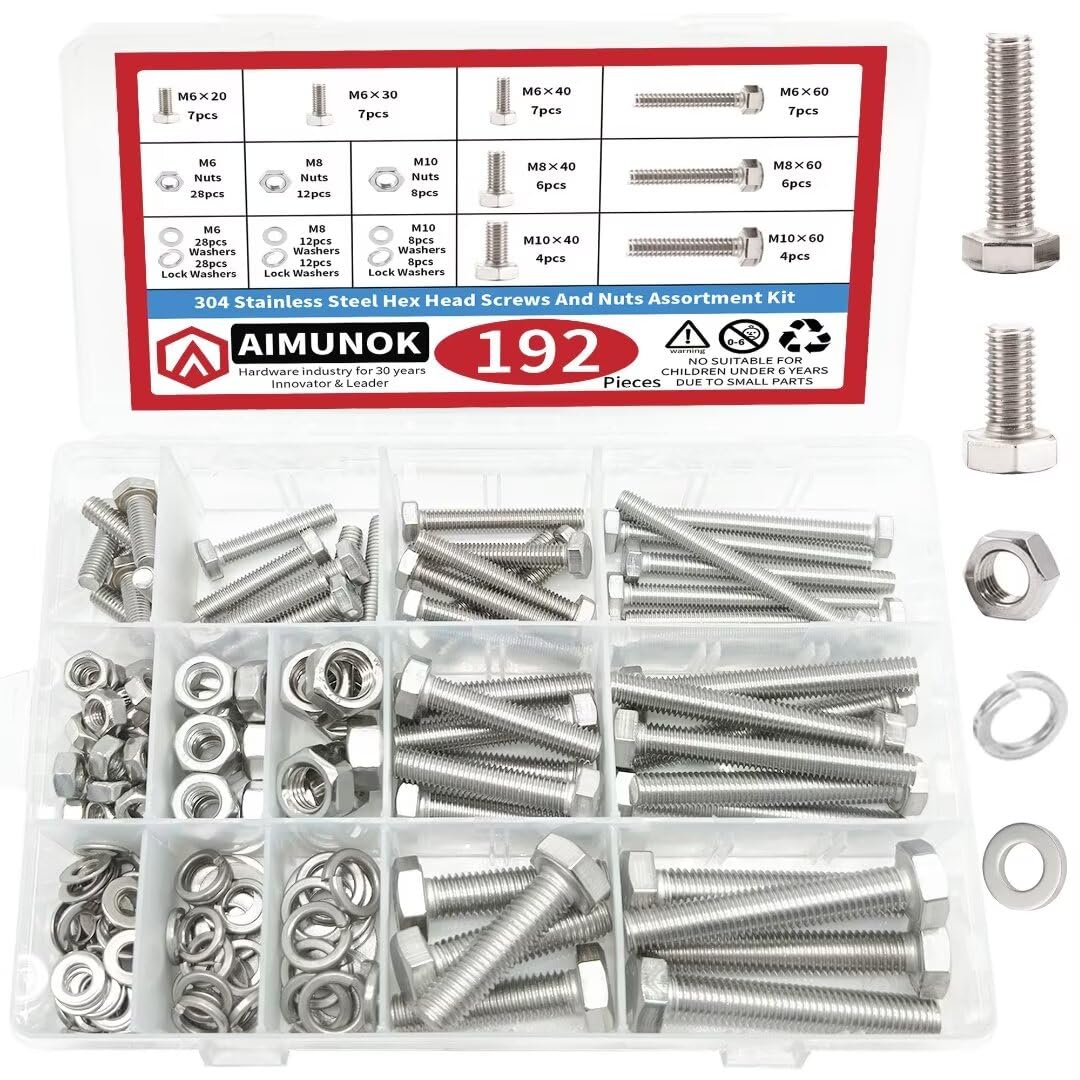 AIMUNOK 192-Piece M6 M8 M10 Heavy Duty Hex Bolts and Nuts Assortment
