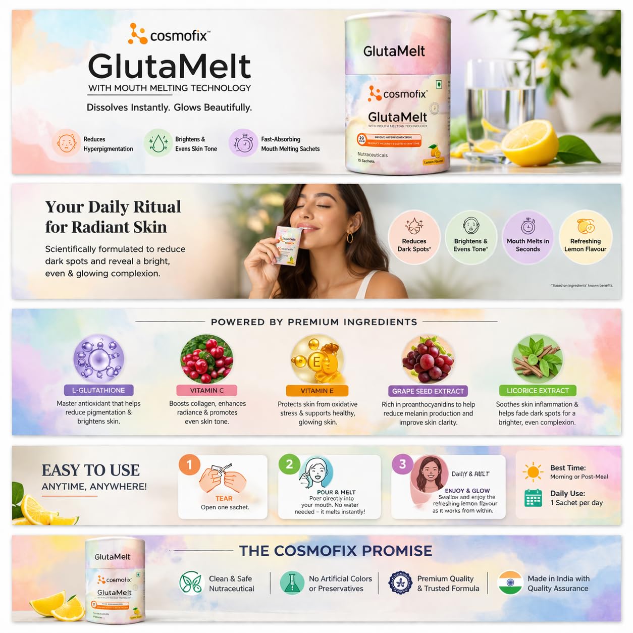 Cosmofix GlutaMelt Skin Supplement with Mouth Melting Technology, Lemon Flavour, 15 Sachets — Amazon image 5
