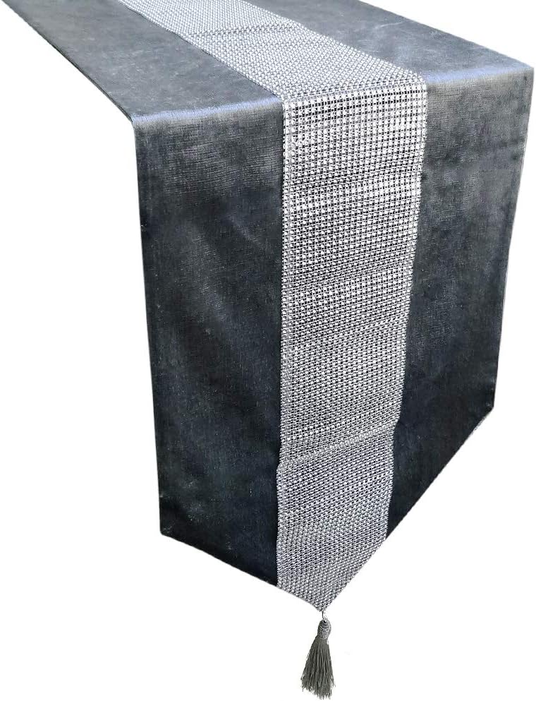 Sequined Rhinestone Diamante Strip and Tassels Table Runner for Wedding Party Birthday,13x98 Inch,Grey
