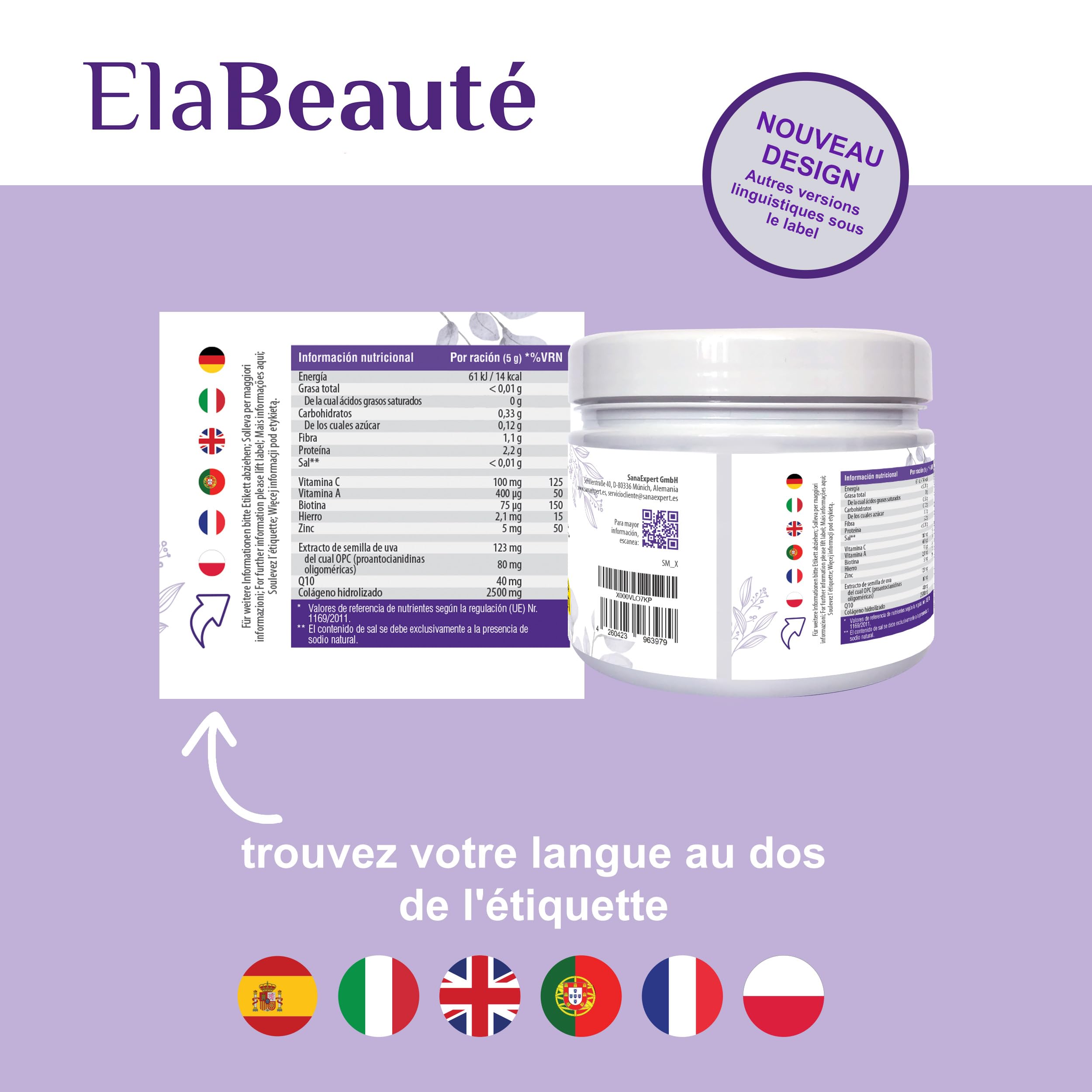 SanaExpert ElaBeauté | Collagène pour la Beauté de la Peau avec Q10, OPC, Biotine, Zinc et Vitamines | 150 Grammes | Ingrédients 100% Naturels | Fabriqué en Allemagne