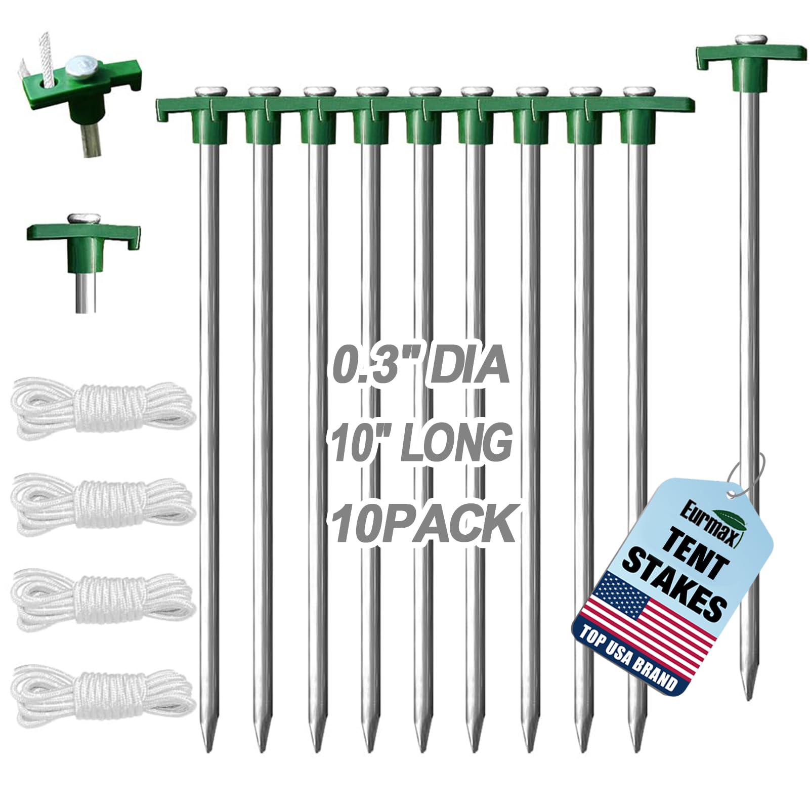 Eurmax USA 10-Pack Secure Protection Galvanized Tent Stakes,Rust-Proof Steel Canopy Anchors for High Winds,Heavy Duty Commercial Ground Pegs for Camping,Pop Up Tents&amp;Gazebos - Includes 4x10ft Ropes