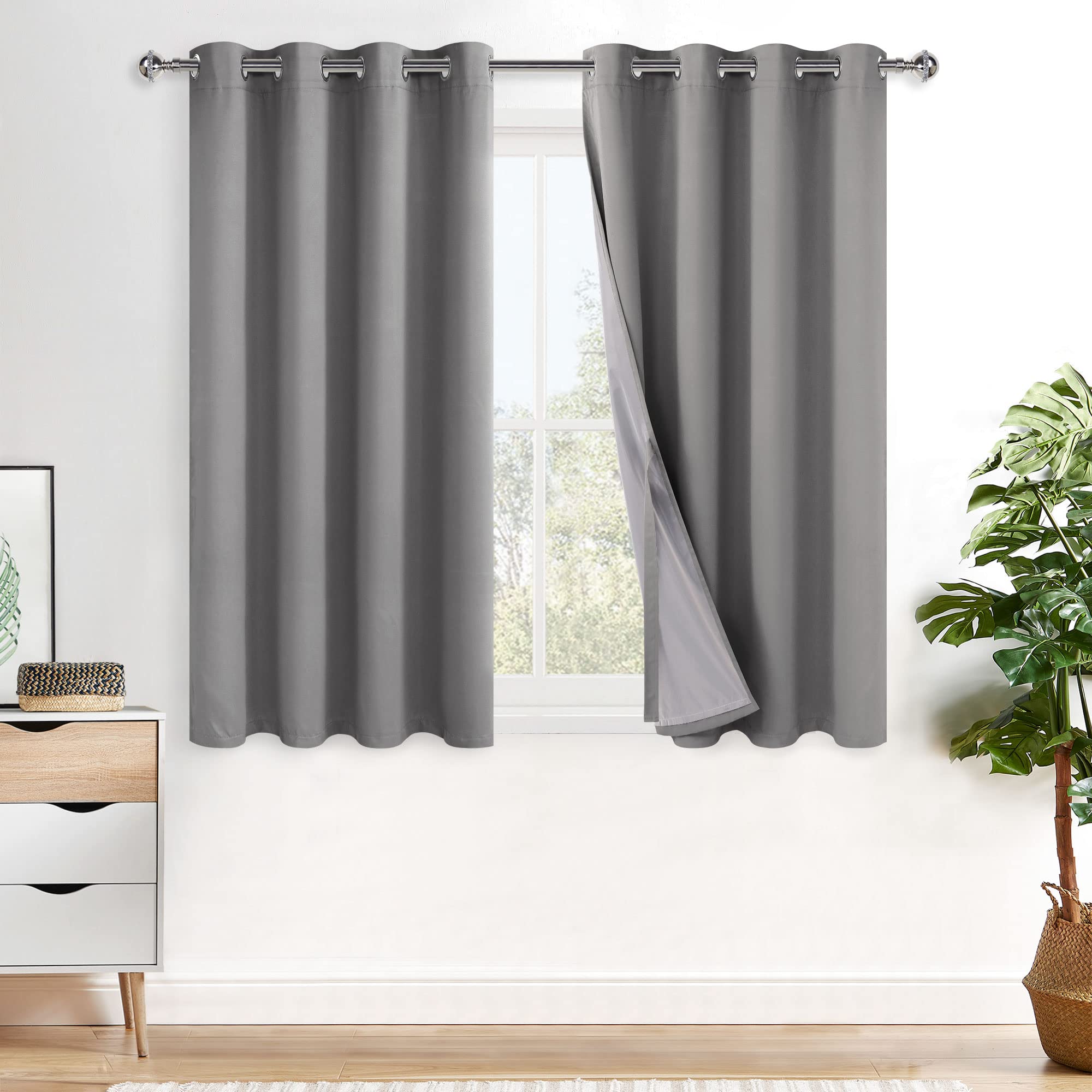 XWZO 100% Blickdicht Vorhänge, Doppellagige Dicker Verdunklungsvorhänge mit Ösen, Schallschutz Thermovorhänge 2er Set Schlafzimmer Gardinen, Blackout Curtain, 145x140 cm(HöhexBreite), Grau