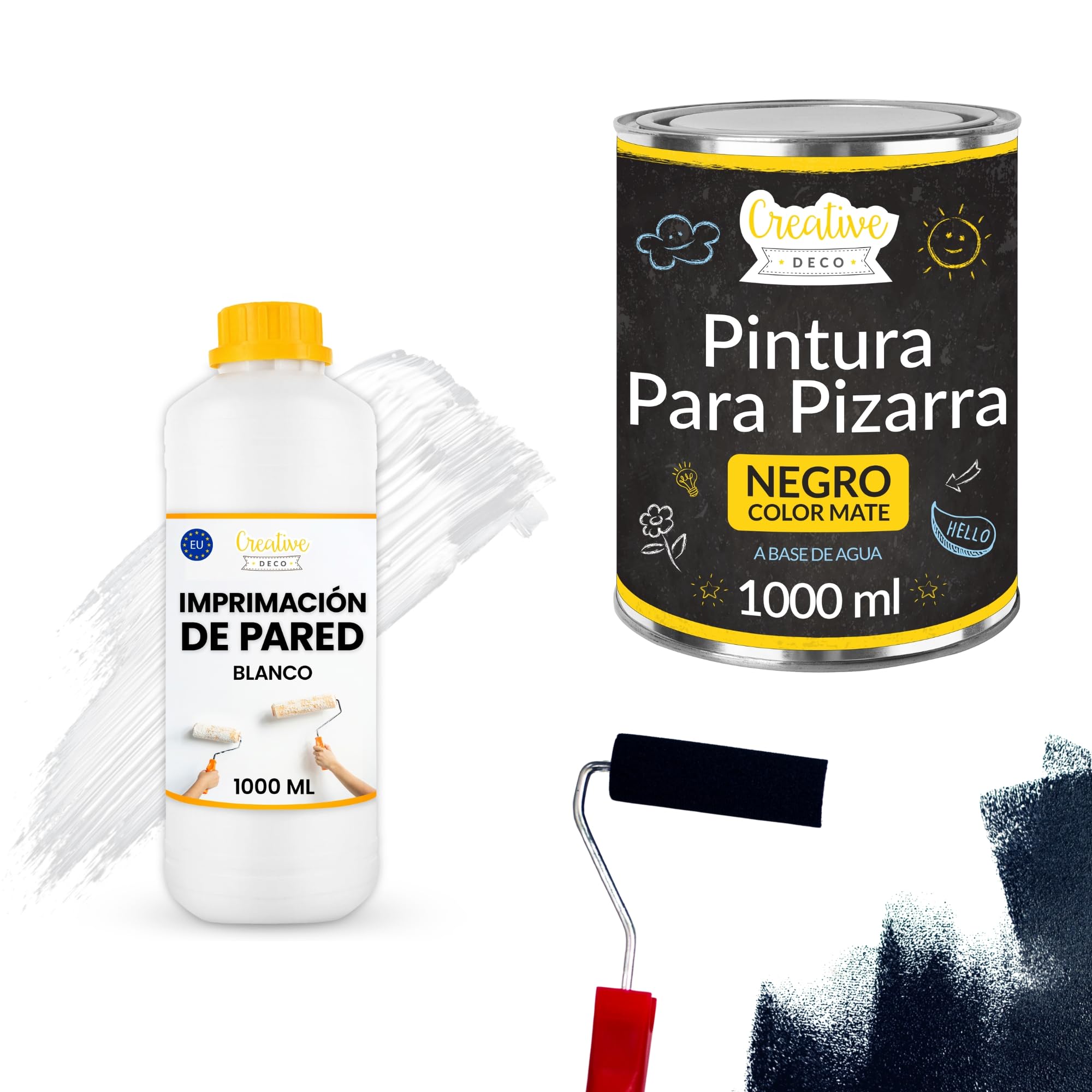 Creative DECO Set de Pintura para Pizarra Negra 1L + Imprimación 1L | para Paredes Muebles Madera Vidrio Metal | Mate, al Agua, no Tóxica | Mejor Adherencia, Protección Manchas, Secado Rápido