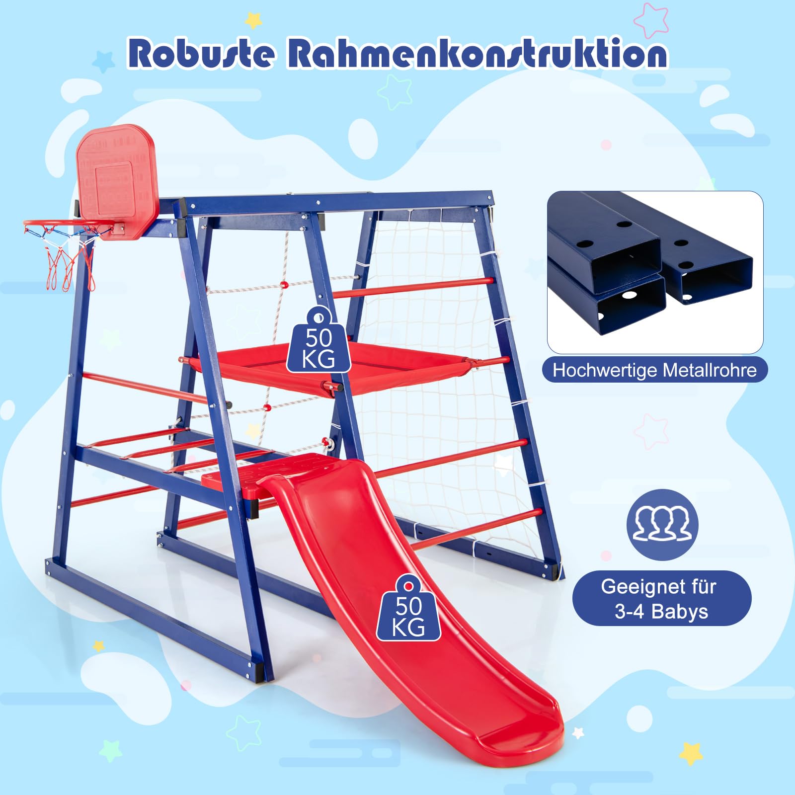 COSTWAY Klettergerüst Outdoor, 7 in 1 Spielplatz mit Rutsche, Kletterleiter, Strickleiter, Fußballnetz, Basketballkorb, Stoffplattform & Kunststoffplattform, für 3-4 Kinder, 150 x 142 x146cm