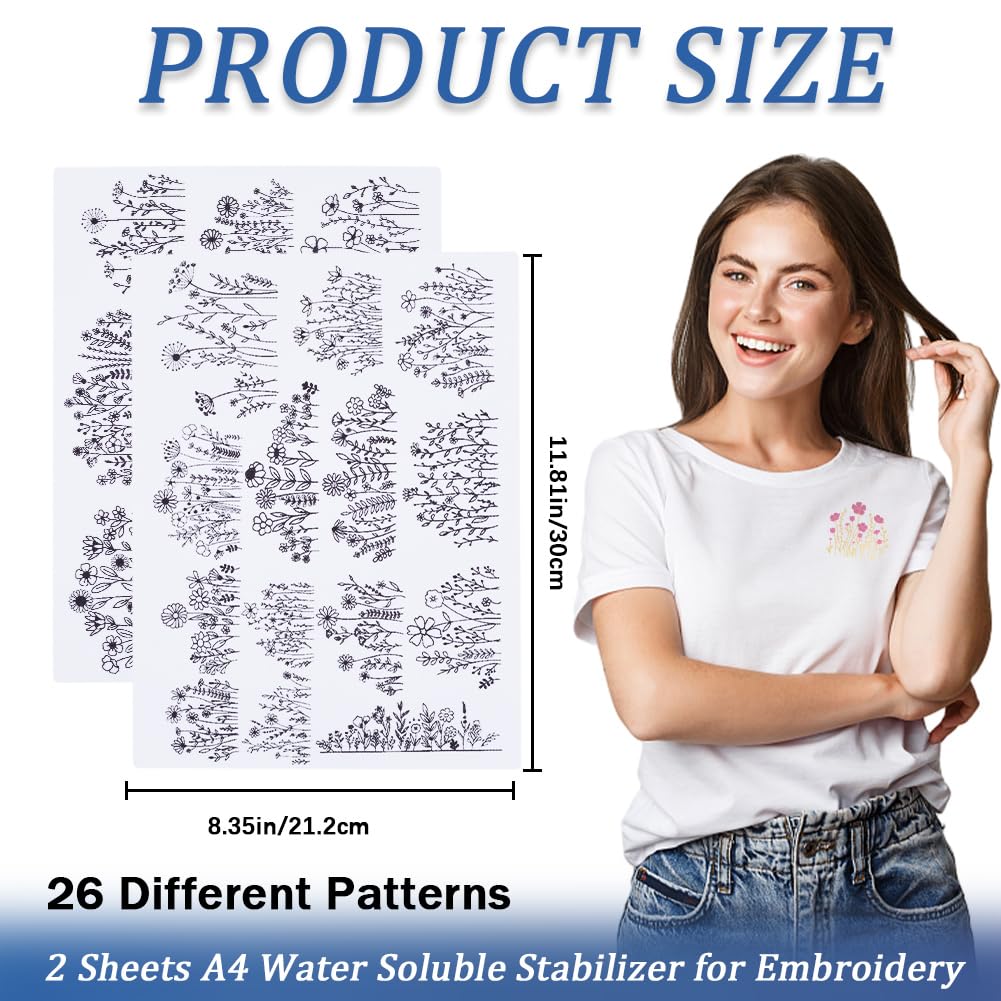 4 Blatt Stickvlies Mit Blumen-Motiven | Wasserlösliche A4 Vorlagen Für Handstickerei