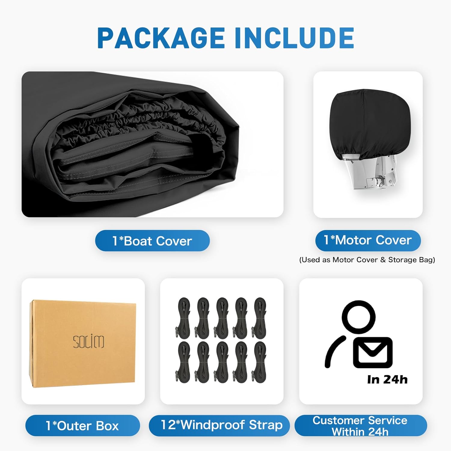 Solim Waterproof 1200D PU Boat Cover with Motor Cover, 17-19' Heavy Duty Marine Grade Trailerable Polyester Canvas, Fits 17-19ft Bass Boat, V-Hull, Runabout, Fishing, Ski Boat with Straps, Black