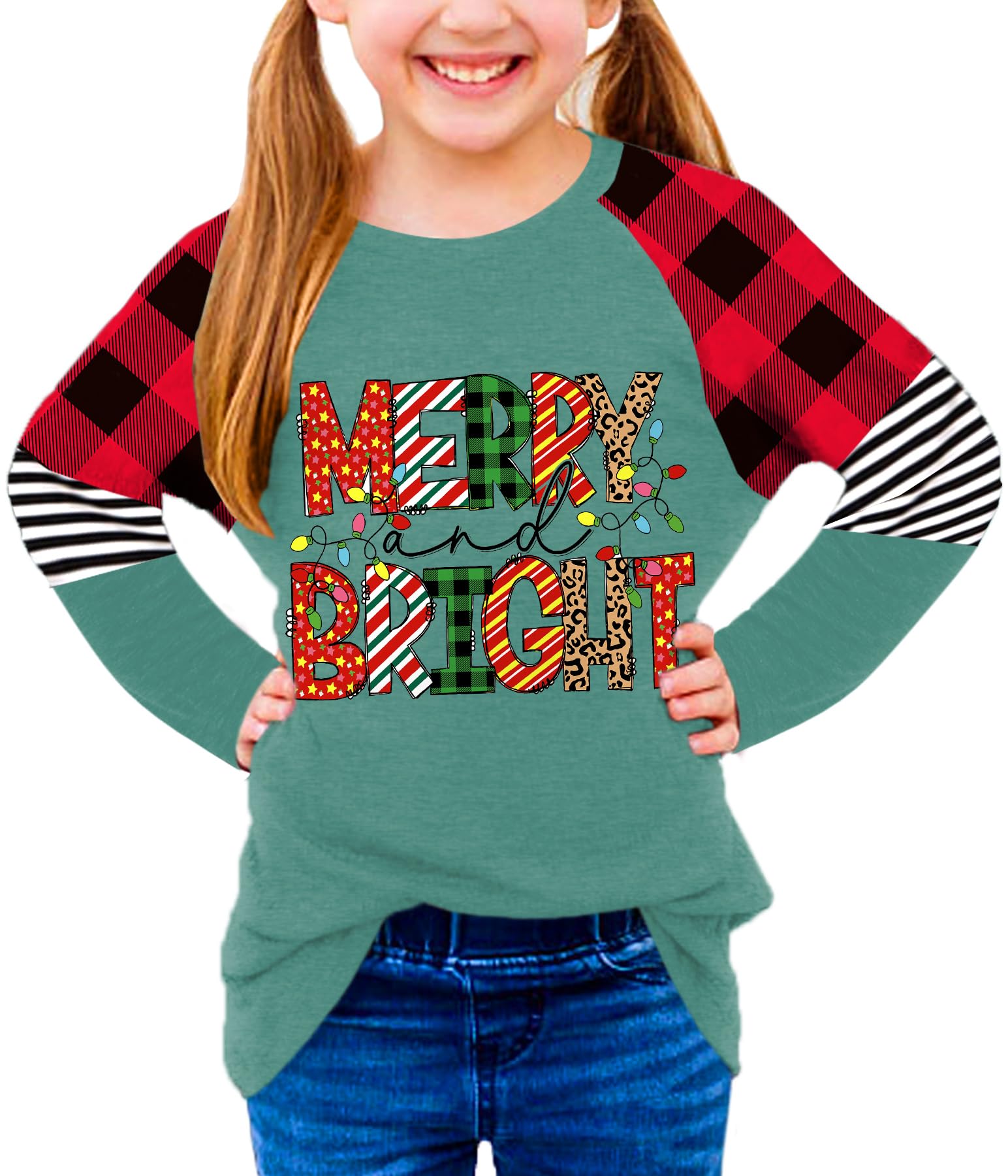 BesserBay Girls Christmas Raglan Shirt Casual Leopard Stripe Patchwork Tunic Top 4-14 Years
