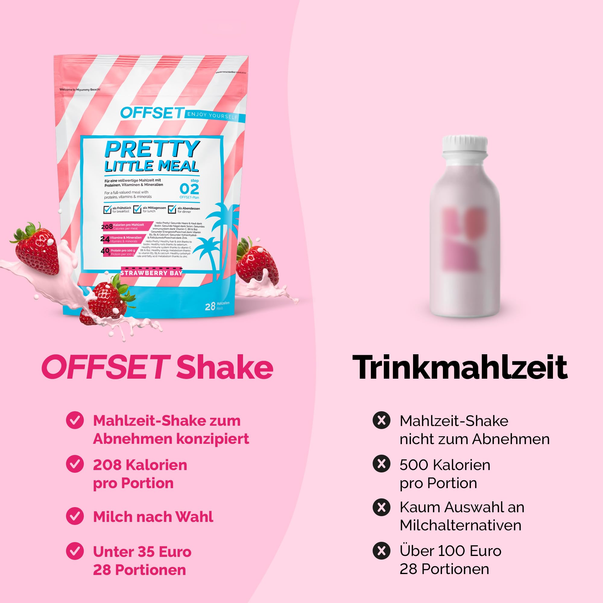 OFFSET Nutrition Abnehm Shake Strawberry Bay [nur 208 KCAL pro Shake] - 28 Portionen | Mahlzeitersatz | Diät Shake mit 24 Vitaminen & Mineralien | Glutenfreie Trinkmahlzeit