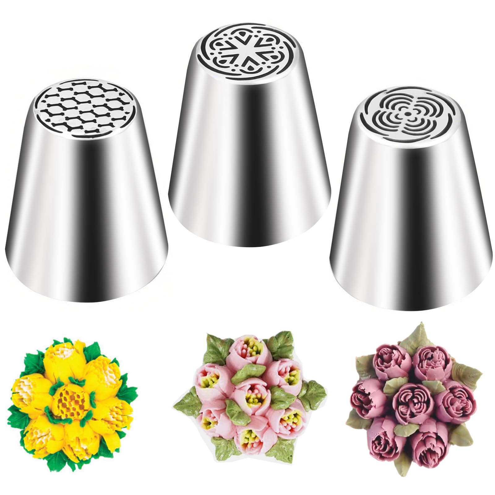 Hendiy 3 Pieces Russian Piping Tips, Stainless Steel Russian Piping Tips set Flower Icing Tips Frosting Tips for Decorating, Pastry Tips for Cake Decorating