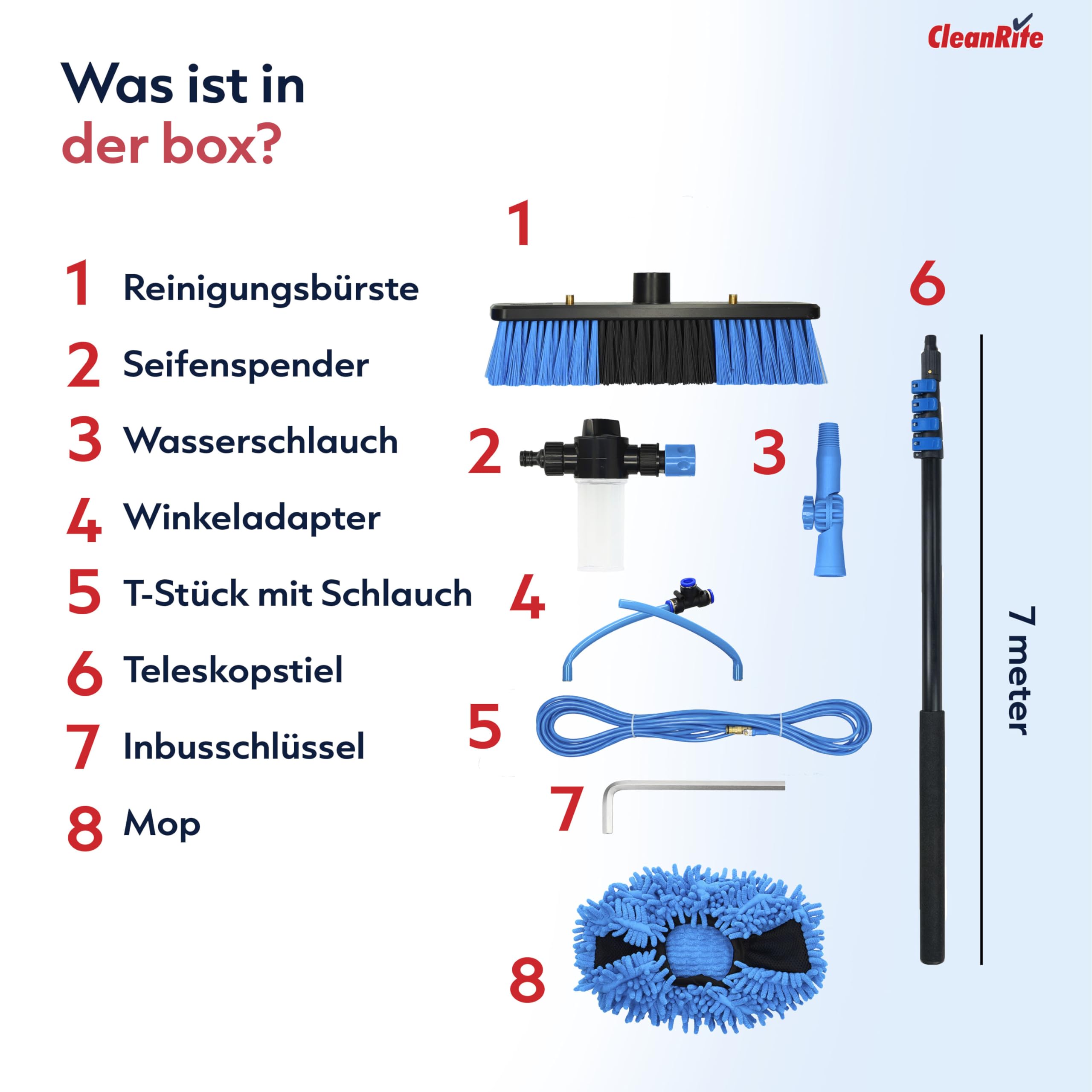 CleanRite® Teleskop Waschbürste 7m extra lang mit Wasseranschluss | Teleskopbürste mit Wasseranschluss | PV Reinigungsbürste Teleskop Set | Terrassendach Reiniger & Dachrinnenreiniger | Schwarz
