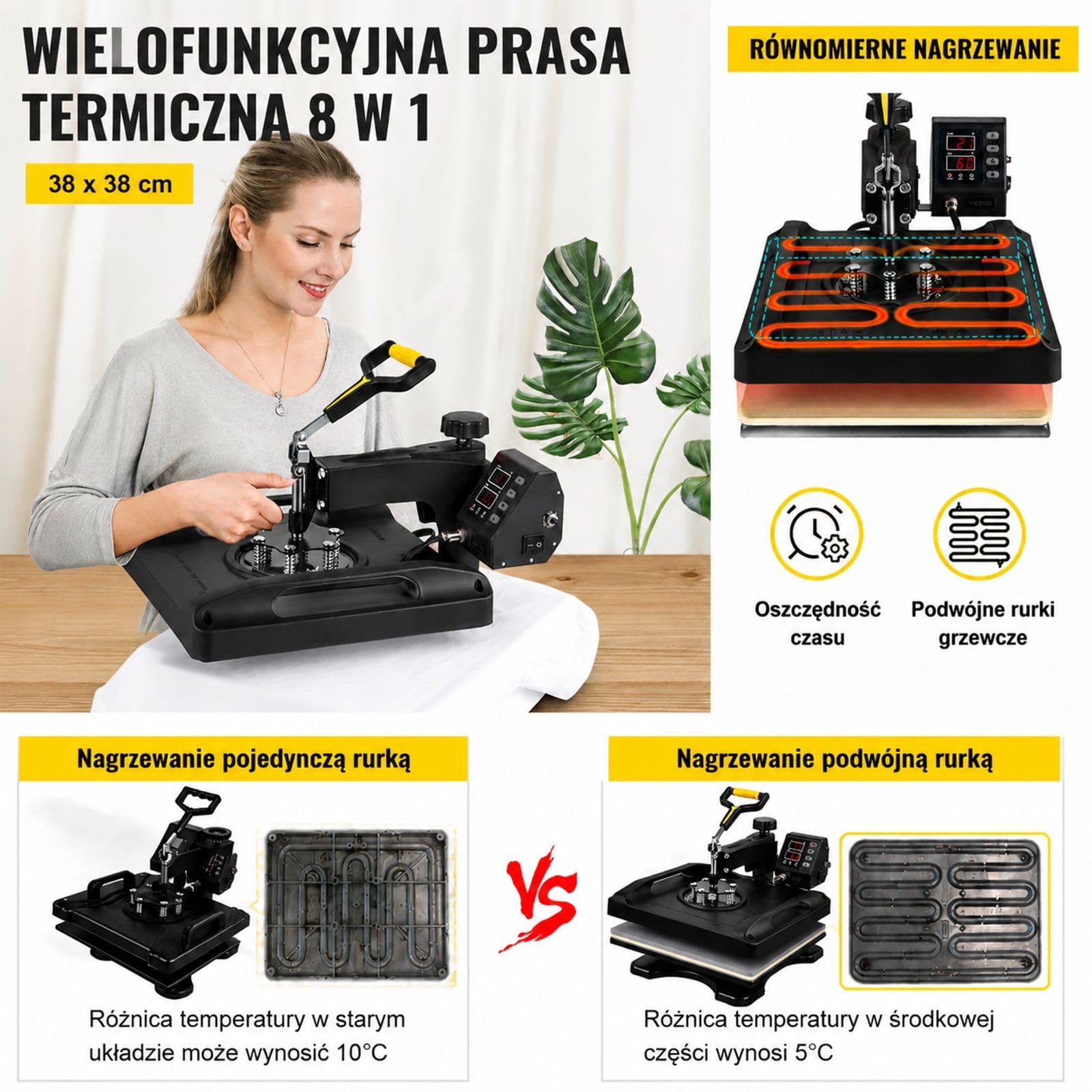 Prasa termiczna 8 w 1, czarna cyfrowa maszyna swing do transferu na koszulki, czapki, kubki i talerze