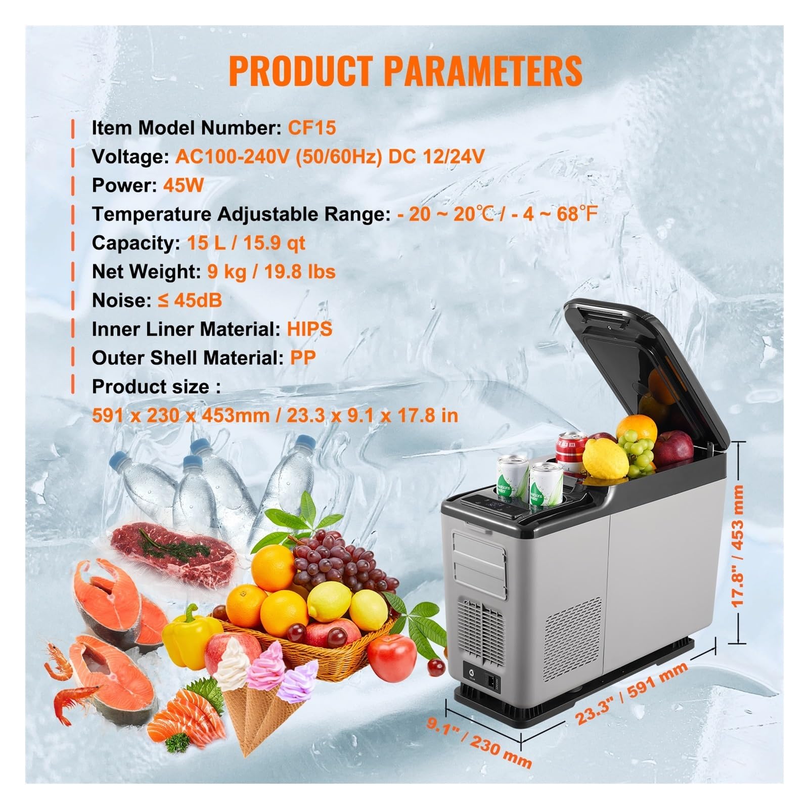 Refrigerador for Coche con reposabrazos, 15 L, congelador de una Sola Zona, Rango Ajustable de -20 °C a 20 °C, 12/24 V CC y Enfriador.