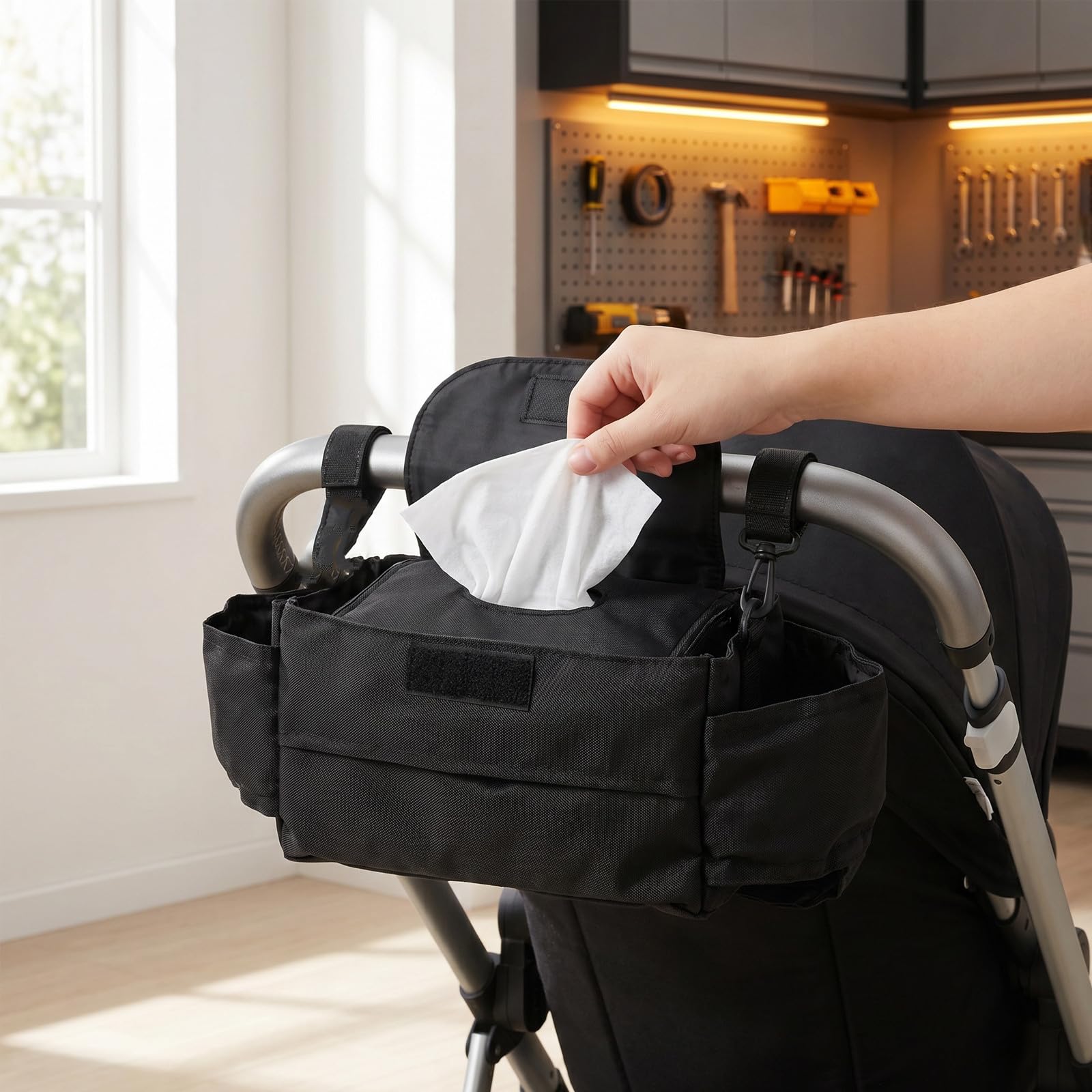 Lurrose Organizzatore per passeggino con portabicchieri: borsa portaoggetti impermeabile per passeggino - Contenitore capiente per pannolini, telefono e salviettine umidificate - Cinghie regolabili e