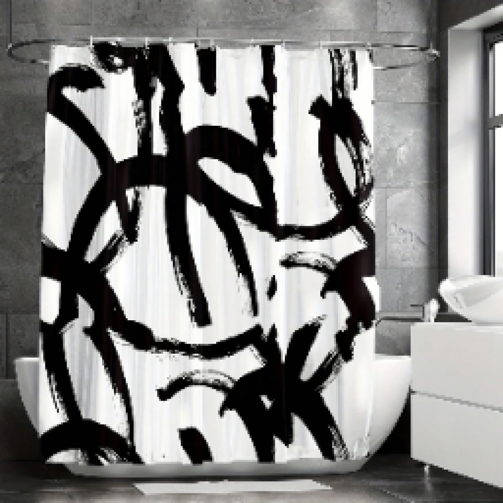 Artistic Line Schwarz-Weiß-Duschvorhang, wasserdichter Stoff, Baht-Trennvorhang mit Haken, 235 x 180 cm (B x L), 180 cm Länge