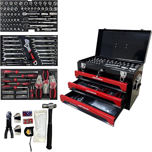 Juego de herramientas mecánicas de 439 piezas en caja de acero resistente de 3 cajones con enchufe de 4 niveles, llaves y alicates. Kit de
