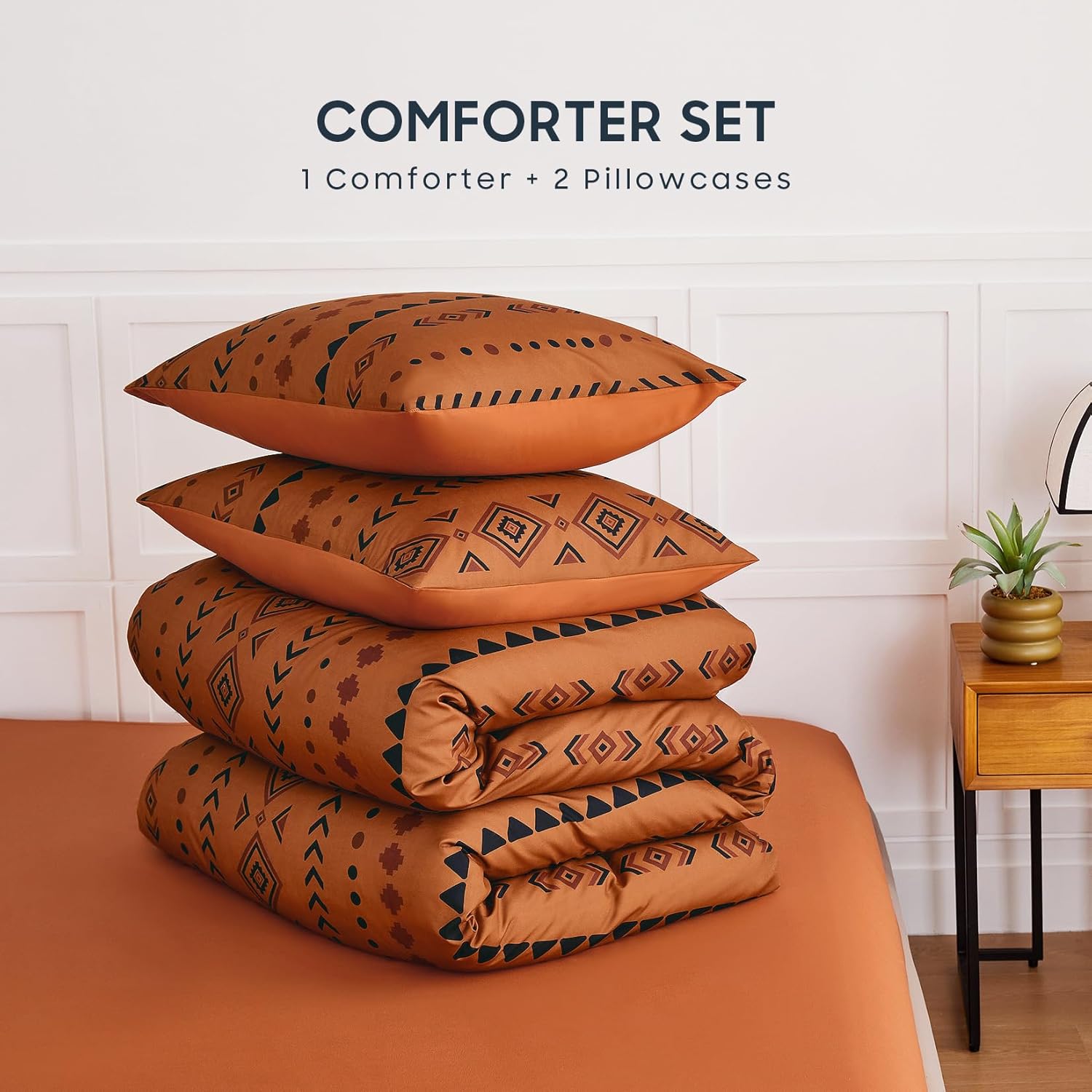 Wake In Cloud - Western Comforter Set, Boho Southwestern Rustic Style with Striped Aztec Multi-Geometric Pattern, Soft Lightweight Bedding, 3 Pieces, Burnt Orange, Queen Size - Image 2