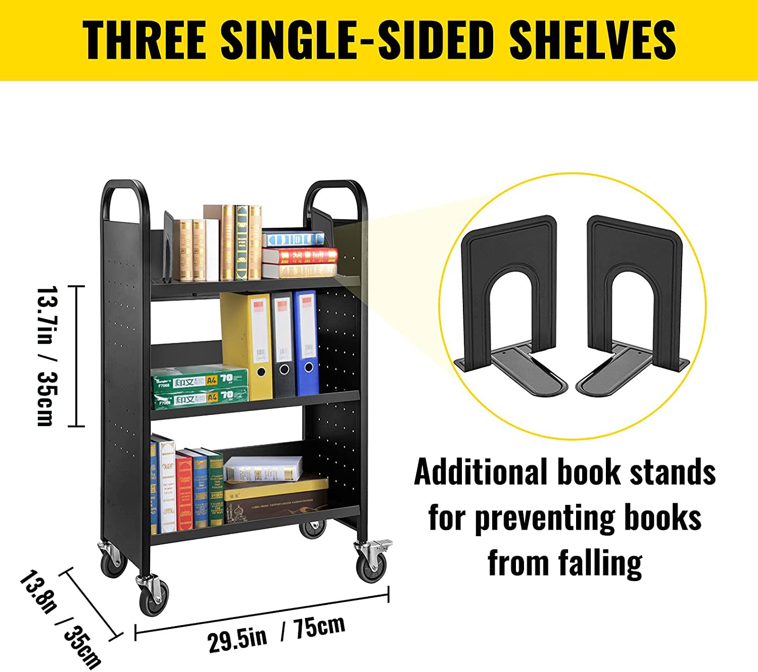 VEVOR Carrello per libri, 90,7 kg, 76 x 35 x 114 cm, ripiani inclinati a forma di V su un lato con ruote bloccabili da 10 cm, per mensole domestiche, ufficio e scuola, camion dei libri in nero