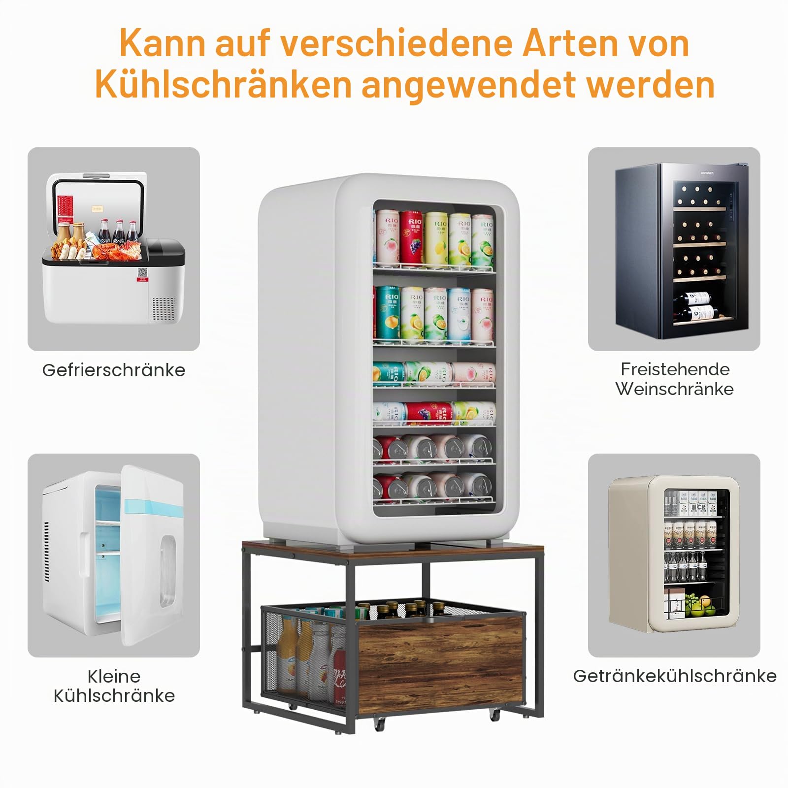VyGrow Kühlschrankständer mit Stauraum und Rollen, robuster Mini-Kühlschrankständer aus Holz mit tragbarem Rollschubladenkorb für Zuhause, Küche, Zimmer, Büro, Geschäft, 50 x 50 x 40 cm, Schwarz