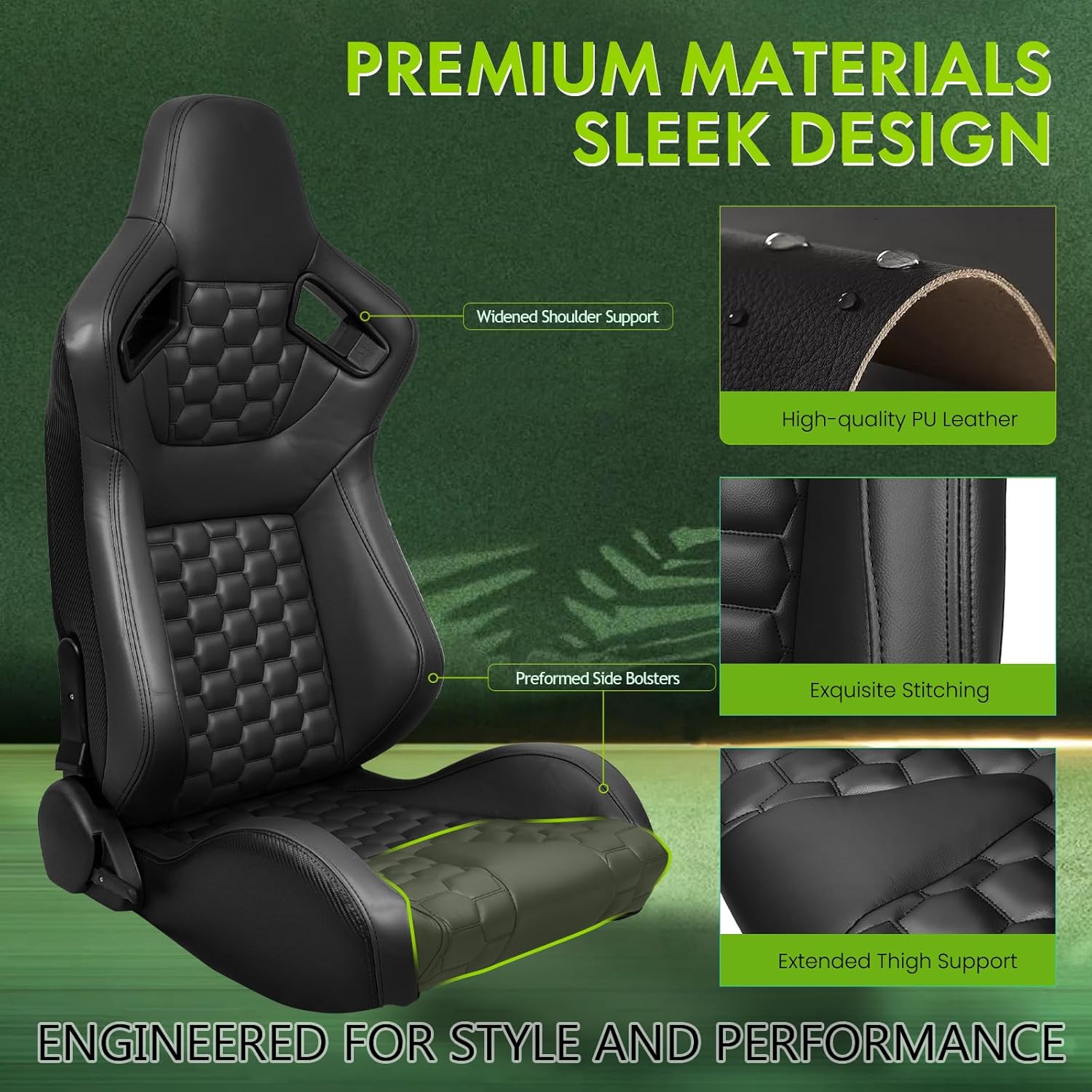 Universal Pairs of Racing Seat with Dual Sliders, PU Leather Front+Carbon Leather Back Reclinable Bucket Seat, Black+Hexagonal Quilting