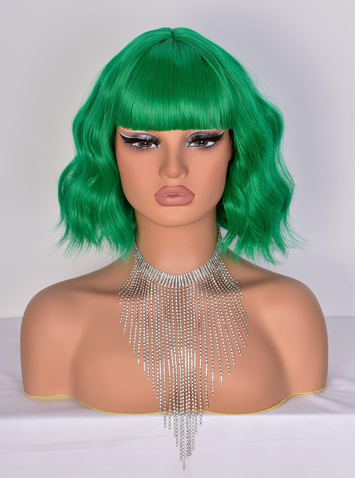 ISAMY Short Bob Wigs With Air Bangs Shoulder Length Women's Wig Bob Curly Wavy Synthetic Cosplay Wig for Girls Daily Use Colorful Wigs (Dark Green)