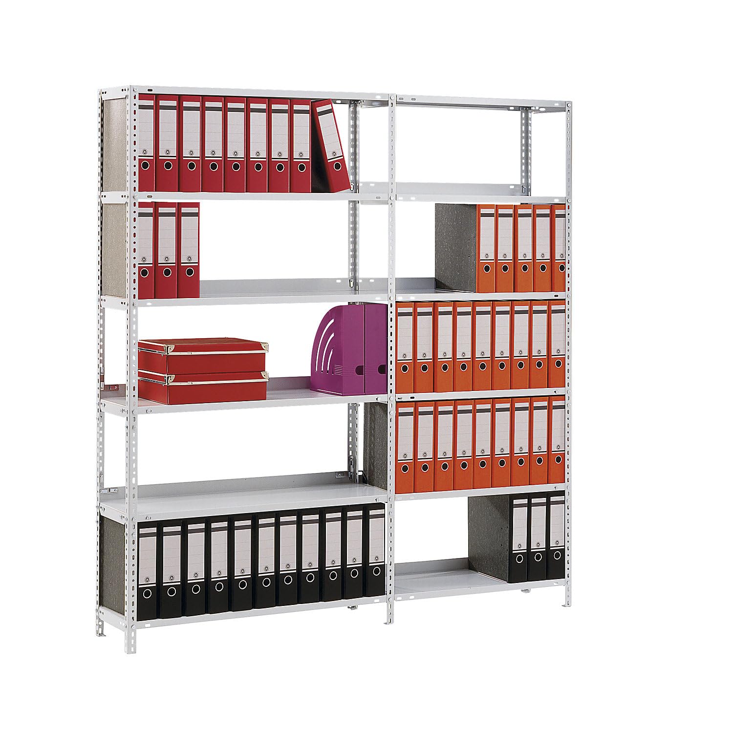 Rayonnage de bureau à boulonner gris clair RAL 7035 - hauteur rayonnage 1150 mm, double face - rayonnage de base, largeur x profondeur 750 x 600 mm