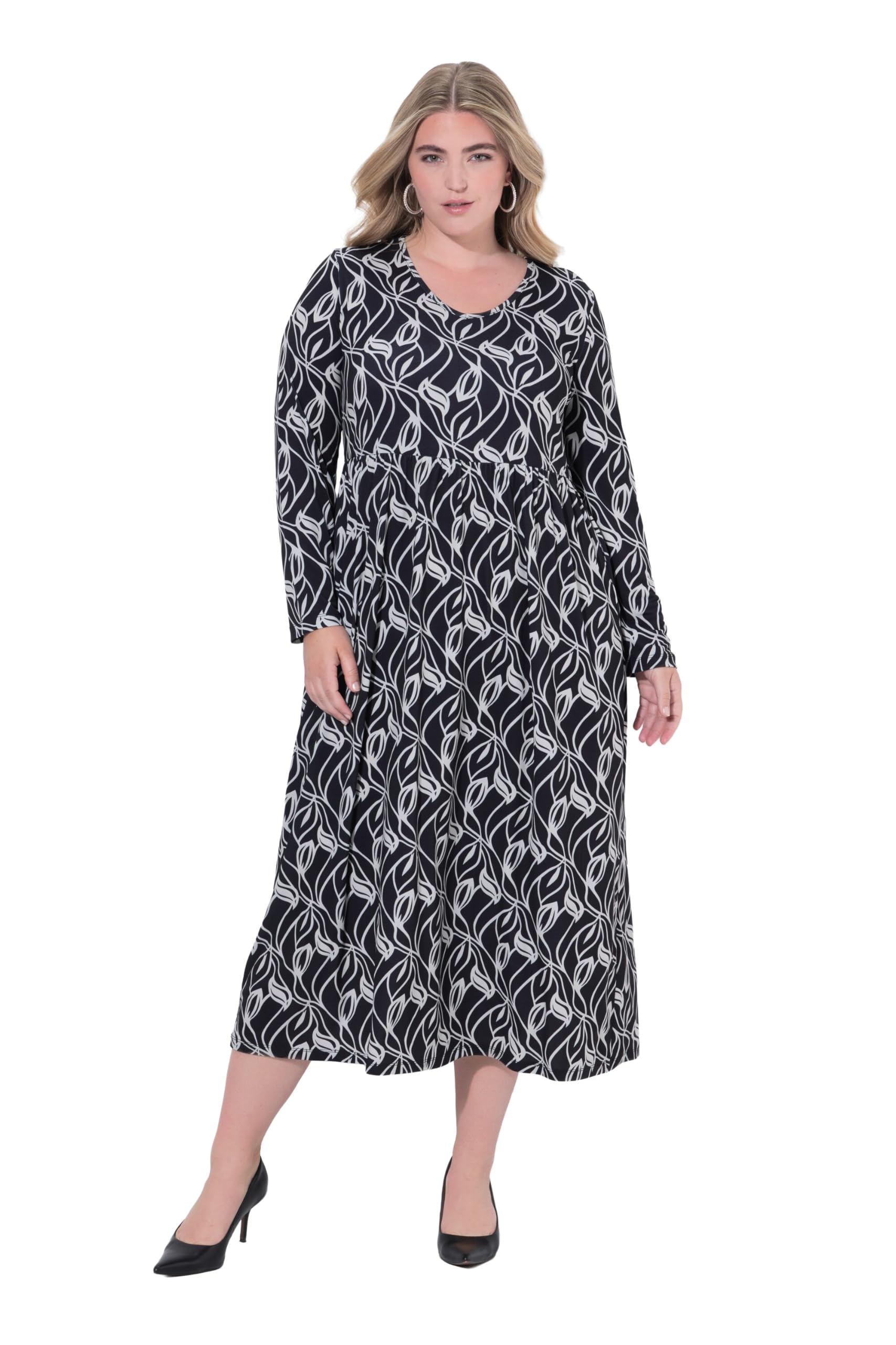 Ulla Popken Damen große Größen Übergrößen Plus Size Maxikleid, A-Linie, V-Ausschnitt, Langarm, Taschen 844622