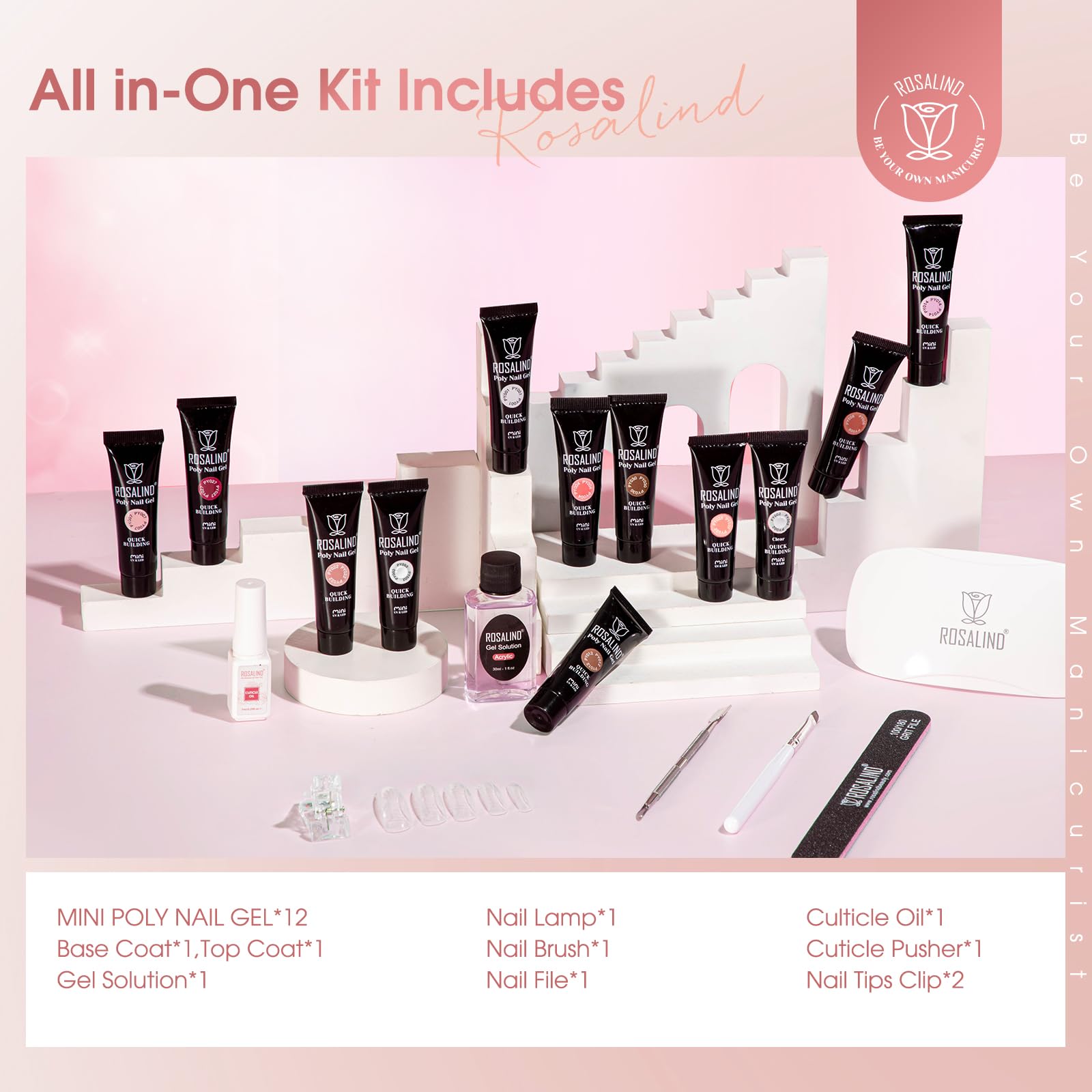 ROSALIND Uñas Poligel Kit Completo, 12pcs 10ml Gel Extensión de Uñas con UV Lámpara, Base&Top Coat, Nail Art Kit Uñas de Gel Completo para Bricolaje en Casa & Profesionales Salón