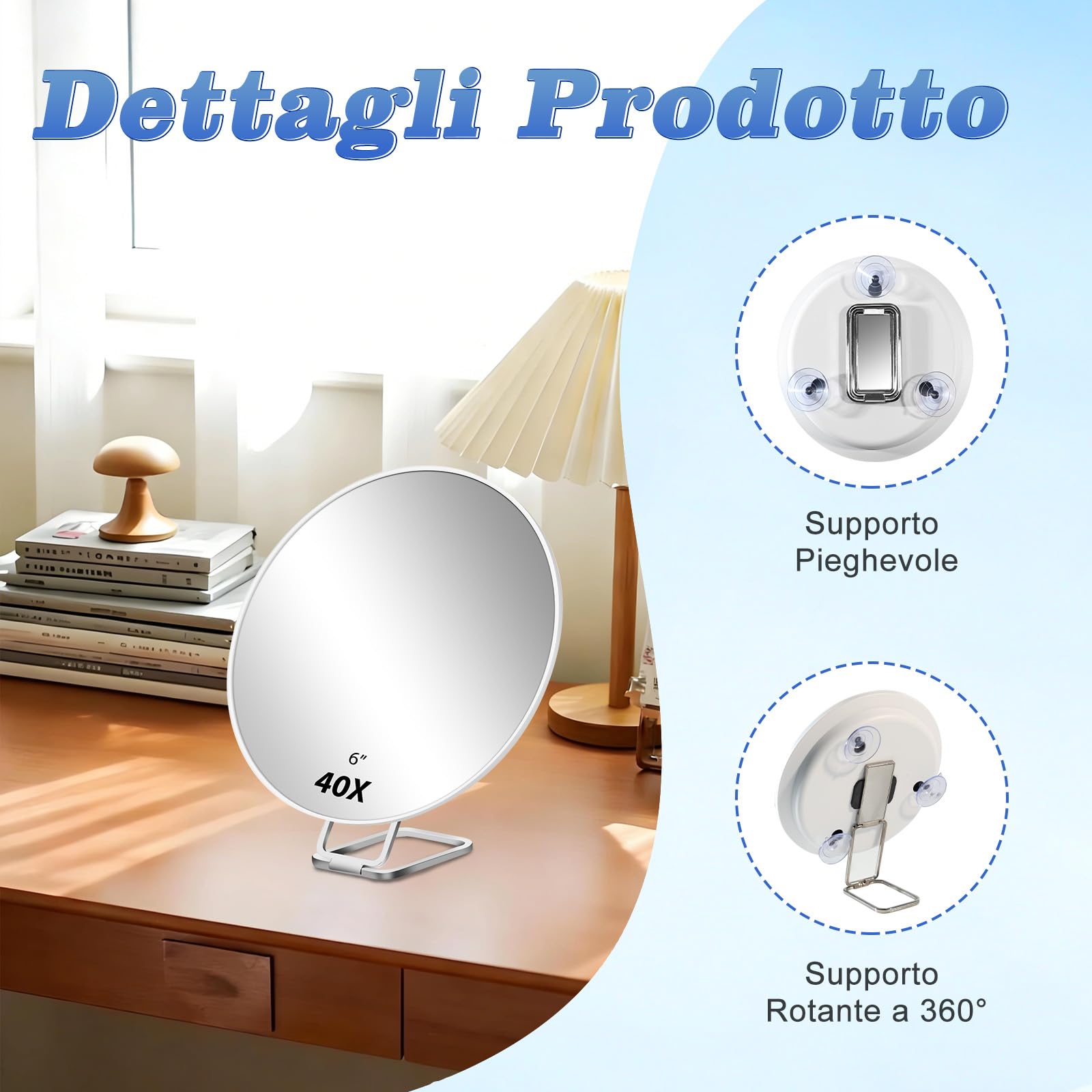 Specchio Ingranditore 40X, Specchio per Il Trucco Con Funzione Di Ingrandimento, Specchio Portatile Include Supporto, Pinzette E Forbici, Specchio per Il Trucco Da Viaggio, uso a 5-8CM