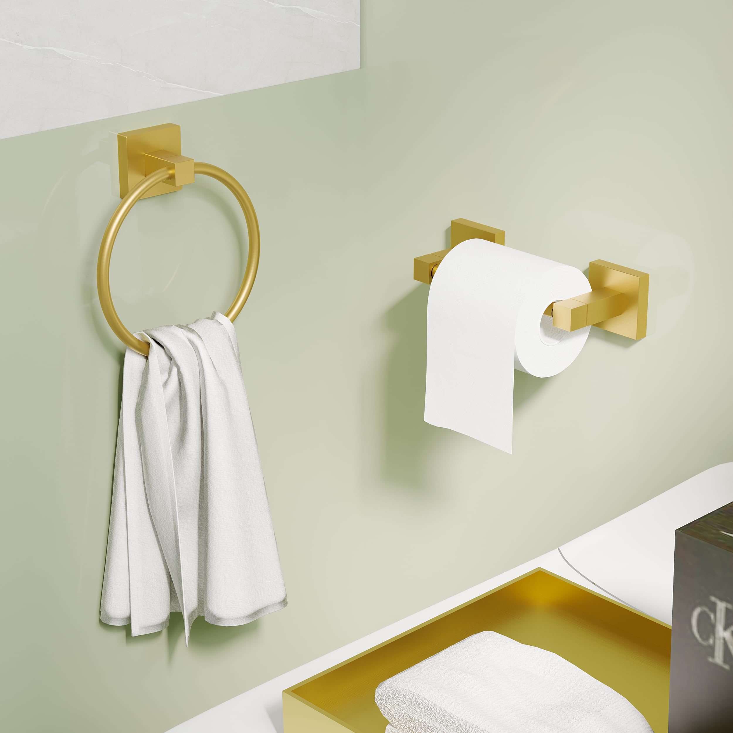 Ruacq Brushed Gold Toilet Paper Holder Towel Ring Bathroom Accessories Hardware Set Double Post Pivoting Toilet Roll Holder Square Stainless Steel and Zinc Alloy Modern Wall Mounted 2 Pieces