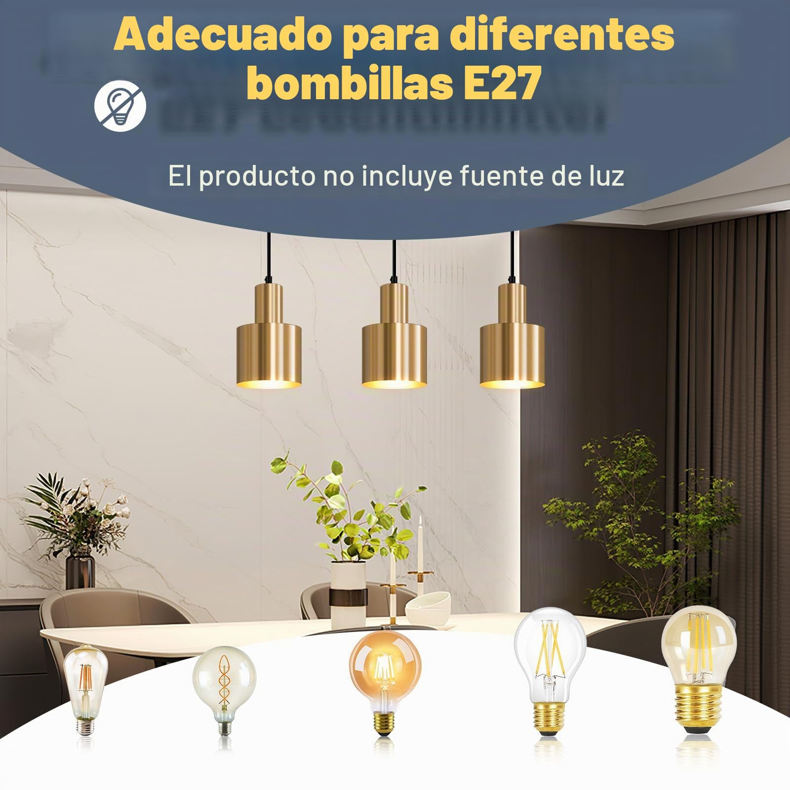 Lámpara Colgante Moderna Dorada de Metal, E27 de 3 Luces, para | Comedor, Salón e Isla de Cocina