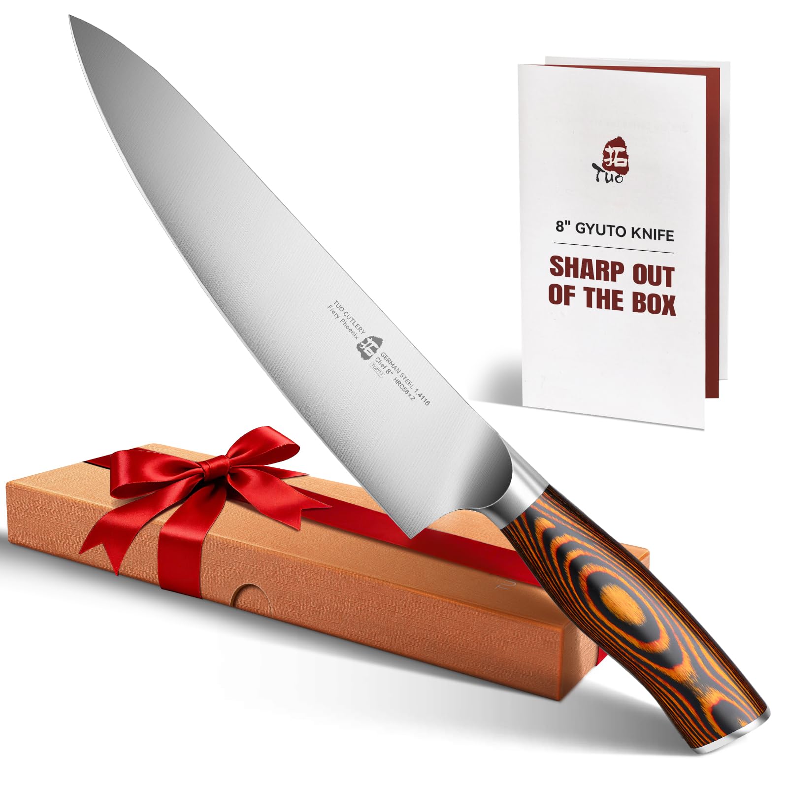 TUO Chef Knife Kitchen Knives, 8 inch Chef’s Knife Ultra Sharp, High Carbon Super Steel Cutlery, Full Tang Handle, Fiery Phoenix Series