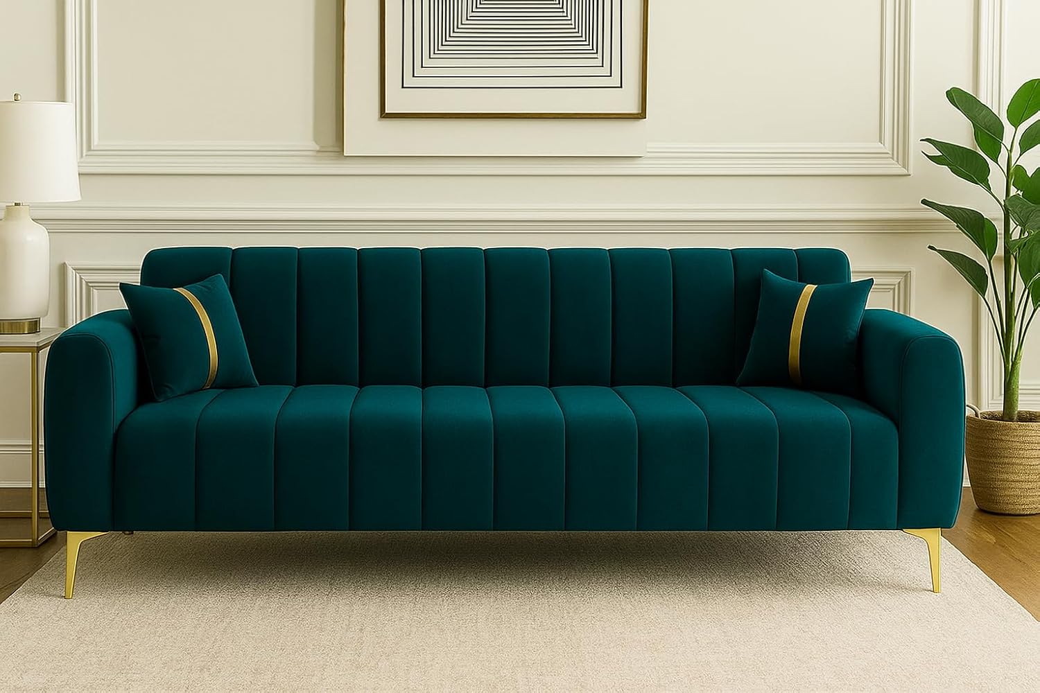 FURNY Harmony 3 Seater Velvet Fabric Sofa Set (Greenish Teal) with Golden Finish Legs | Durable & Comfortable | Ideal for Living Room FURNY Harmony 3 Seater Velvet Fabric Sofa Set (Greenish Teal) with Golden Finish Legs | Durable & Comfortable | Ideal for Living Room