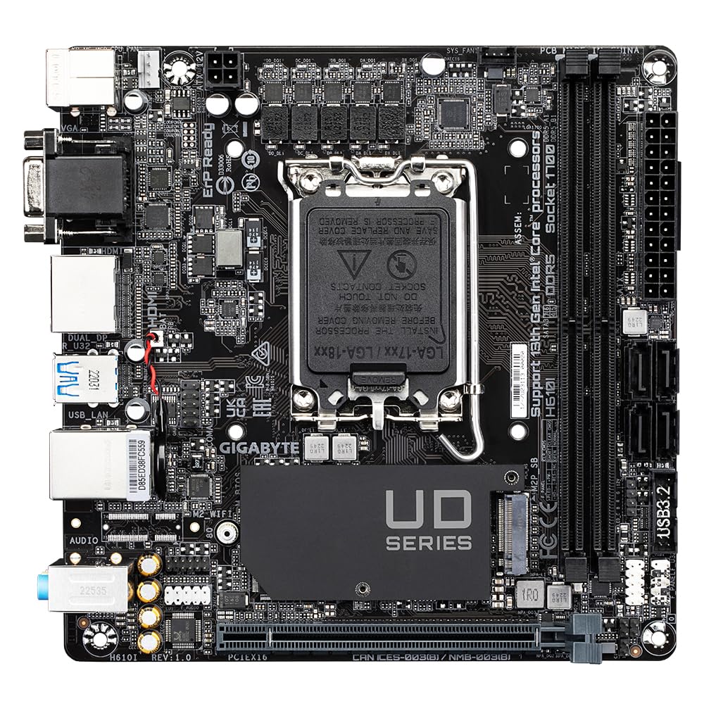 GIGABYTE H610I Scheda madre - Supporta CPU Intel Core di 14a generazione, VRM digitale ibrido 4+1+1, fino a 5600MHz DDR5, 1xPCIe 3.0 M.2, GbE LAN, USB 3.2 Gen 1