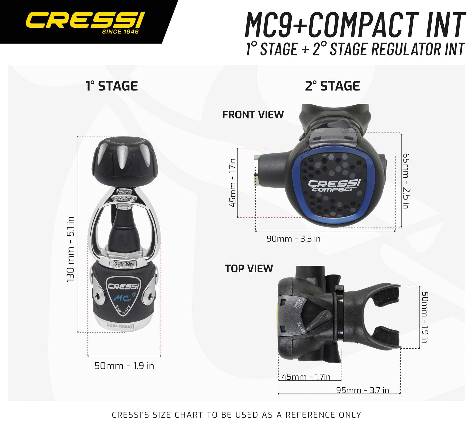 Cressi MC9/XS Compact Regulator - Erogatore per Immersioni, Disponibile in Versione INT o DIN, Adulto Unisex