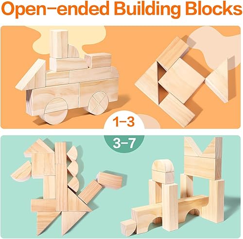 Miniatura 3 de Migargle Juego de bloques de construcción grandes de madera, juguetes educativos de aprendizaje preescolar con caja de almacenamiento de madera,