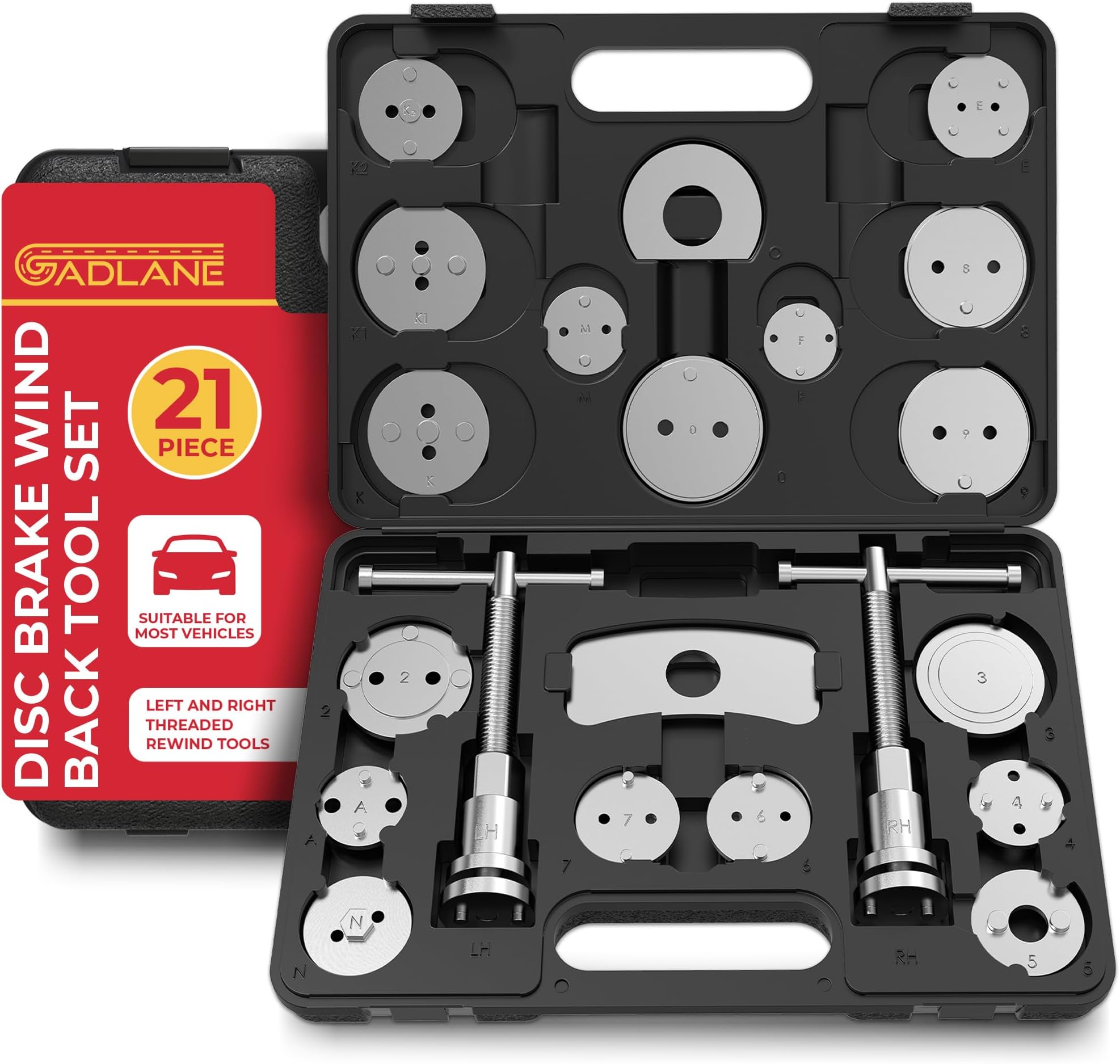 GADLANE Brake Caliper Rewind Tool Kit - 21pcs Universal Robust Caliper Wind Back Tool Set, Front & Rear Brake Piston Rewind Tool Professional Kit for Cars, Vans and More - Brake Caliper Tool Kit 21PCS
