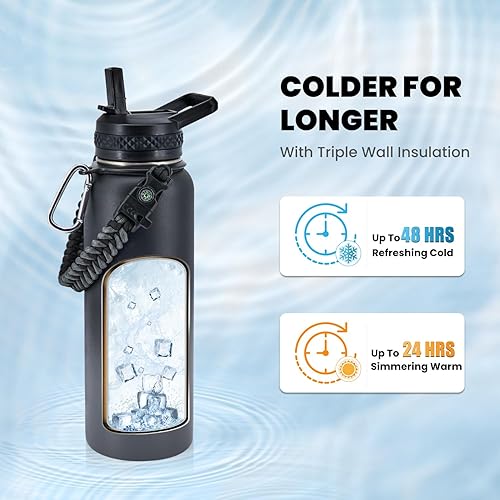Miniatura 8 de Botella de agua aislada de 32 onzas, de acero inoxidable al vacío de triple pared (fría durante 48 horas, caliente durante 24 horas), a prueba de