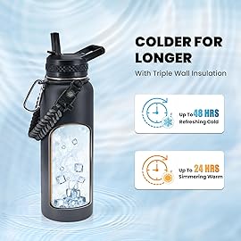 RAYMYLO Insulated Water Bottle 40 oz, Triple Wall Vacuum Stainless Steel (Cold for 48 Hrs), Leak Proof & Non-BPA, Modern Water Flask Jug with Paracord Handle & Straw Spout Lids, Dark Grey