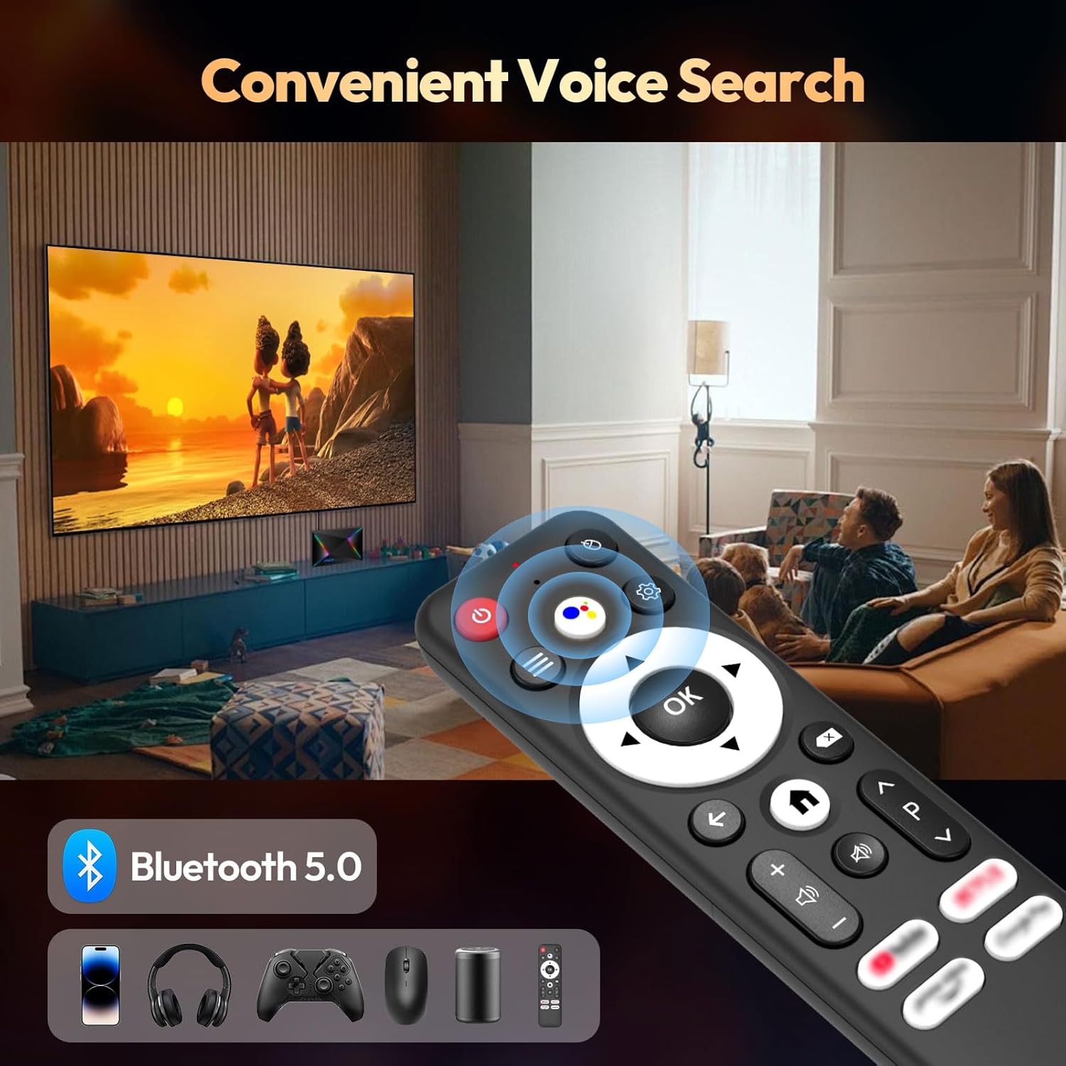 A Bluetooth voice remote control with various Bluetooth devices like headphones, a smartphone, a game controller, and a mouse surrounding it, indicating Bluetooth 5.0 connectivity.