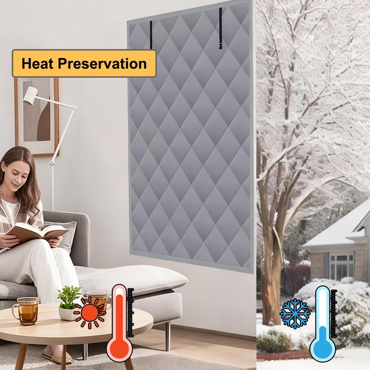 Wärmeschutzvorhang Fenster Thermovorhang für Winter, 70 85 100 110 130 140 160 cm Wiederverwendbar Isolier Schutz Vorhang, isolierter Fenstervorhang aus Oxford-Stoff und Baumwolle(Grau,60x90cm)
