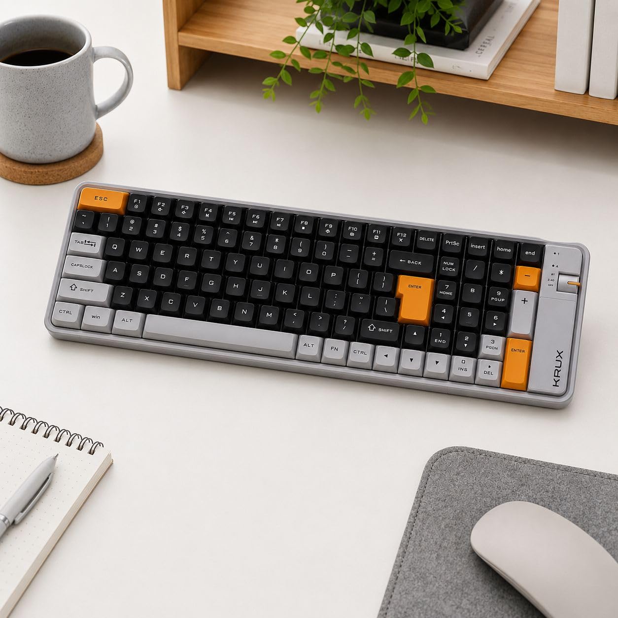 KRUX Zyro 96%, klawiatura bezprzewodowa membranowa, kompaktowa z blokiem numerycznym, Bluetooth i 2.4 GHz, USB-C ładowanie, cicha praca, 100 klawiszy, do pracy biurowej i domu