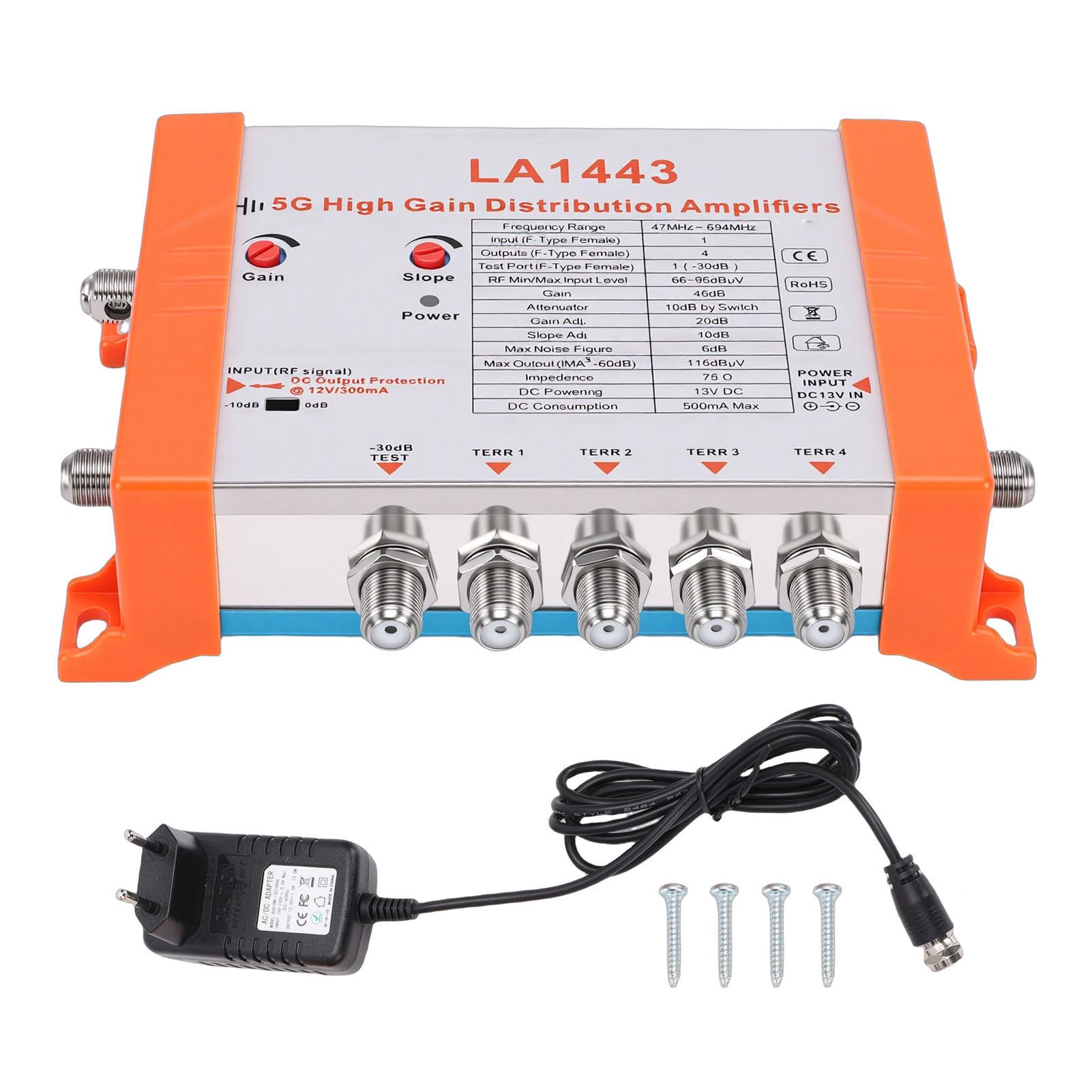 Cuifati Amplificateur de Distribution TV 4 Ports avec Filtre 5G LTE à Gain de 45 DB pour Amplificateur de Signal D'antenne de Télévision par Câble avec 1 Entrée 4 Sorties à Faible Bruit (Prise UE)