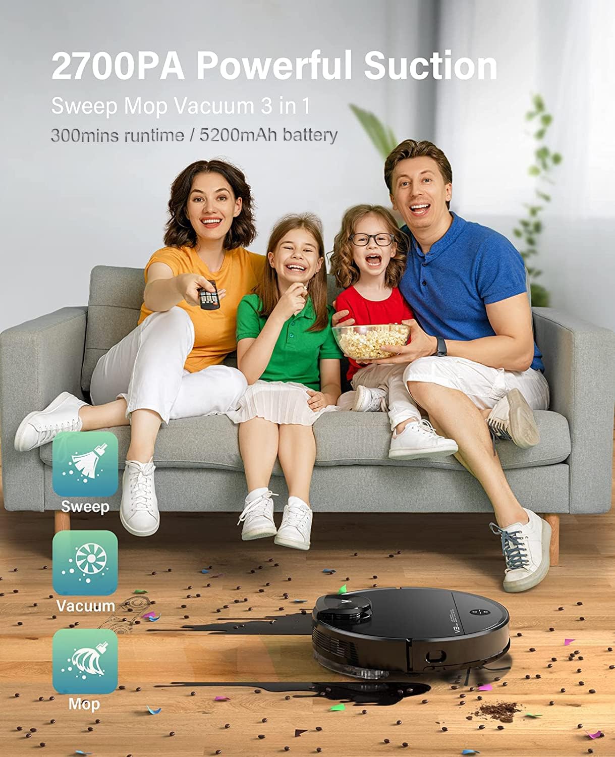 Family relaxing while VIOMI V3 Max sweeps, vacuums, and mops