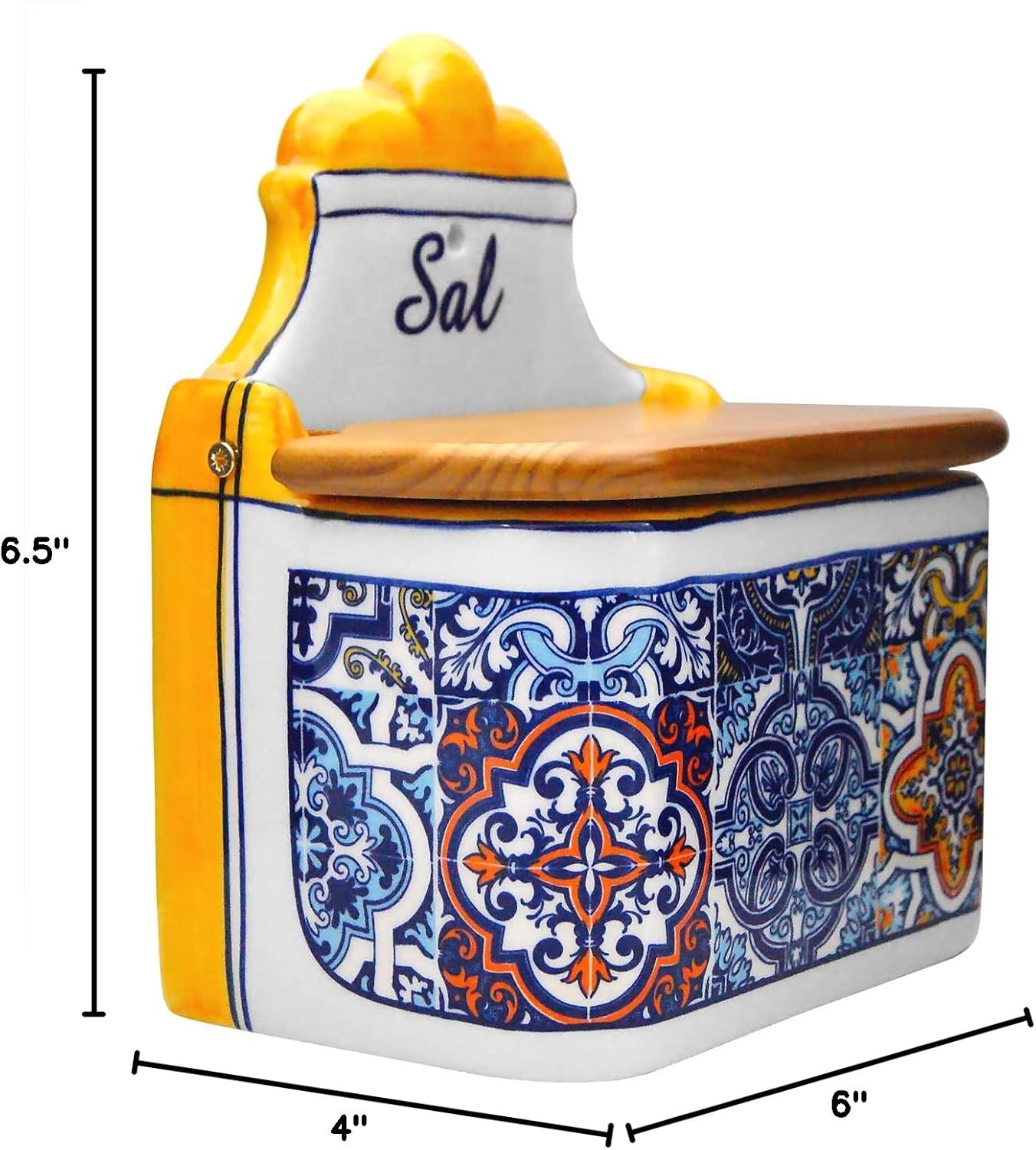 Portuguese Pottery Alcobaça Ceramic Decorative Salt Cellar with Lid for Kitchen (Yellow), 6inch x 4inch x 6.5inch h (L x W x H) (063)