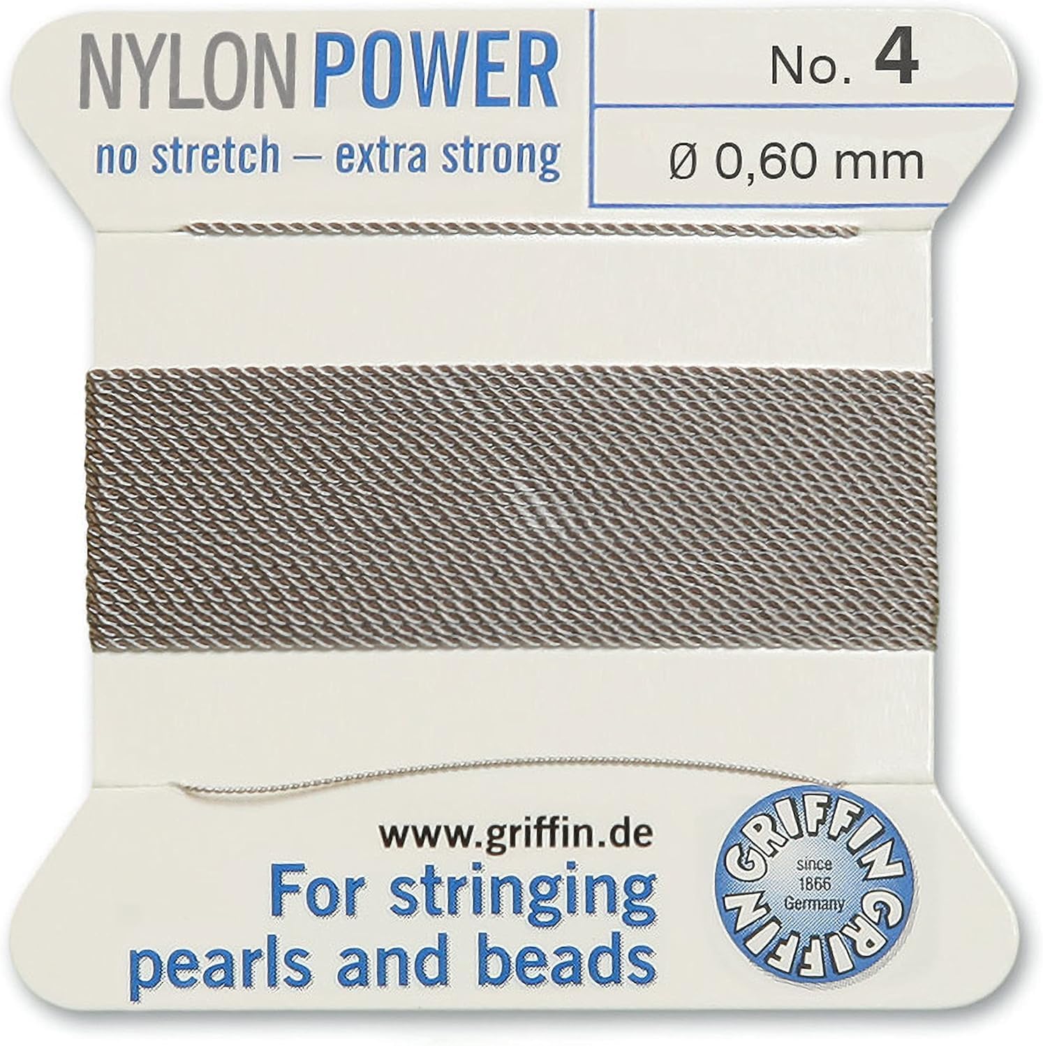 Griffin Bead Cord Nylon Grey #4 - Griffin NylonPower with Stainless Steel Needle Attached – for Knotting Pearls, Gemstones, Crystals and Beads